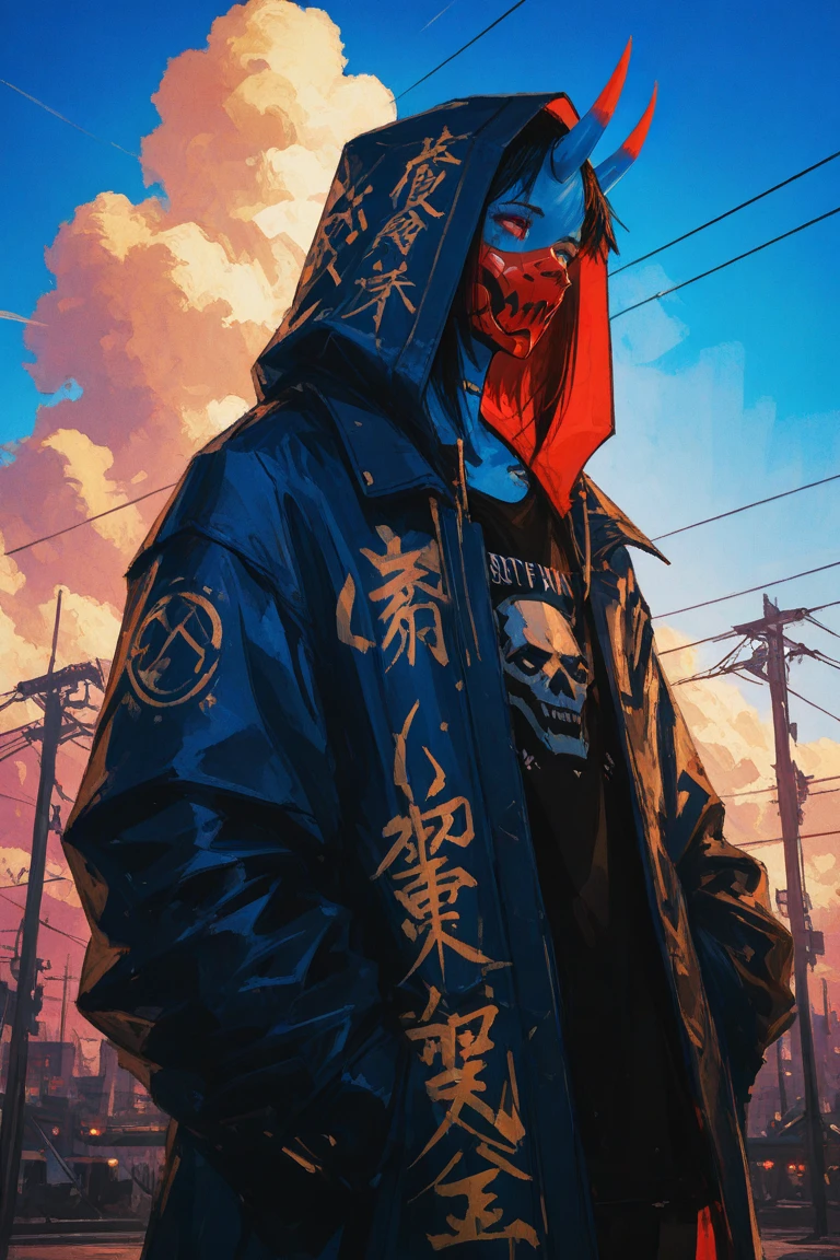 a black rapper with locks, a sweet hood walk and a mask of a oni 隠 on the street