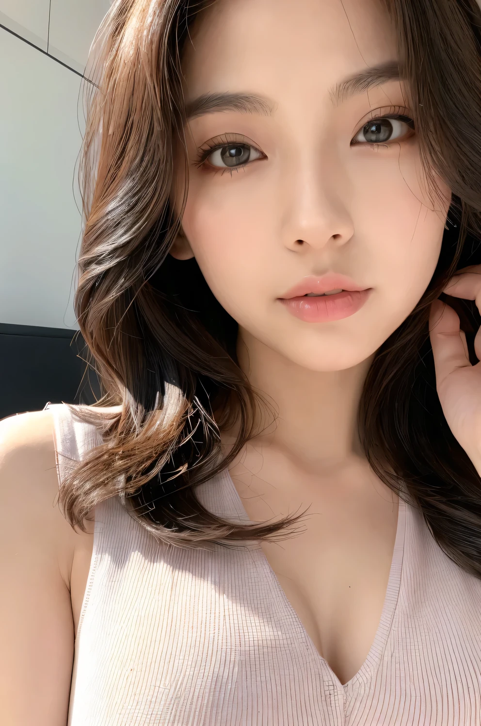 1 persons, Kawaii Girl, famous Japan idol, Charming, NSFW、 A sexy, hetero、ighly detailed, (Larger: 1.4), cleavage of the breast, , Realistic body, Short, bright skin, shinny skin, Slender figure, good physical shape, A dark-haired, (Twin-tailed: 1.2), (bangss: 1.2), A smile, cute little, 年轻,cute face, Clean face、real face、makeup,powder blusher、beautifully detailed eyes、drooing eyes、roundly eyes、(beautiful tbig eyes:1.2)、Large black eyes、Beautiful clear eyes、eye make up、eyeshadows、二重まぶた、tear bags、(White twine:1.2)、Look at viewers、cowboy shot、orientation、dynamicposes、is standing、front-facing view、cafes、coffee shop、Face like a doll、Lady、tUnderpants、Sexual attraction、Big eyes、huge-breasted、Thin constriction、Sukesuke underwear、erotick、A sexy、styles、modeled、Beautiful balance、Young idols of Japan、Korean Makeup,Sexy Bra、((undergarment))、pantiy、bikini of