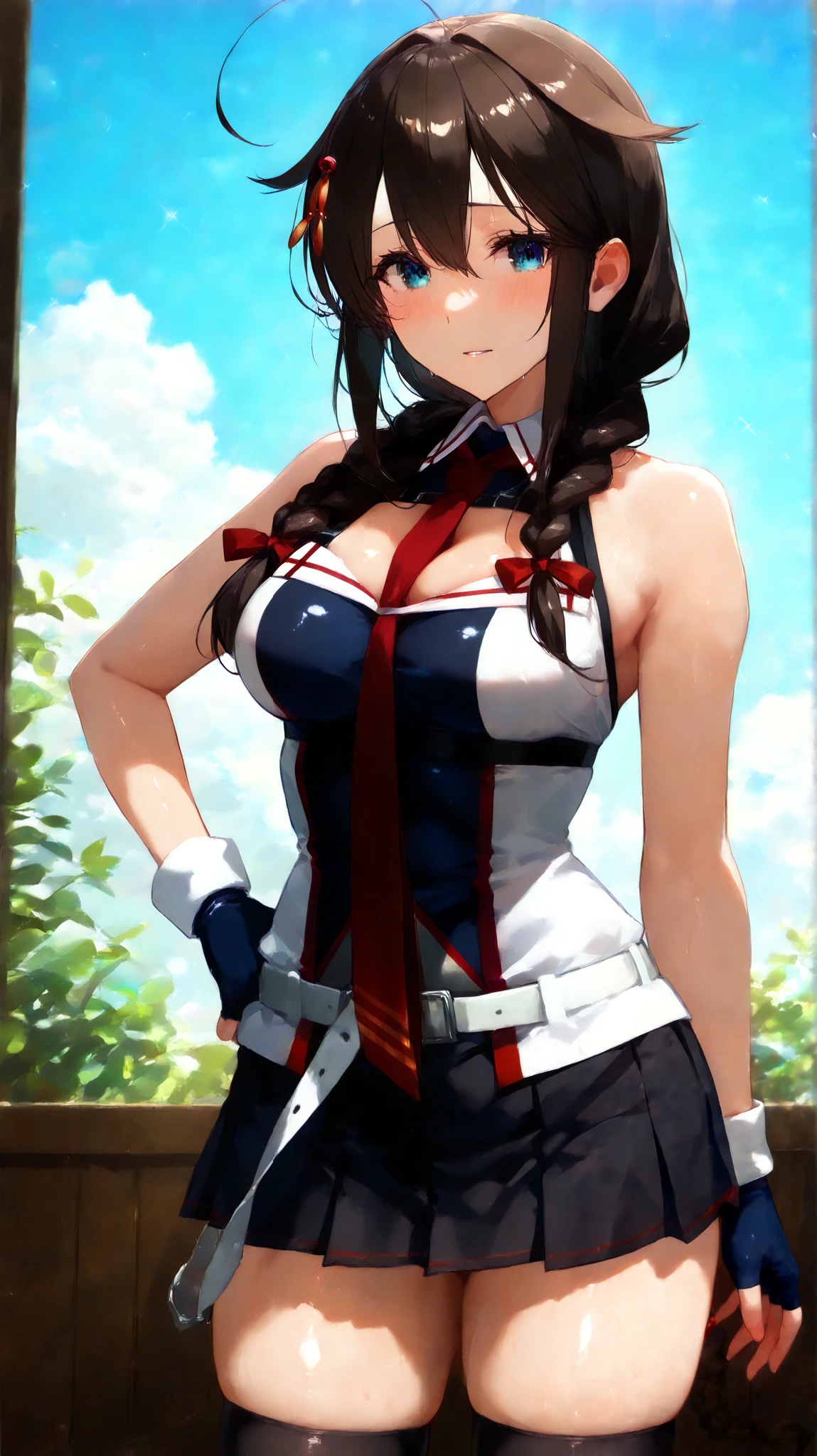 Sigure_Kaizo_kantai collection, KanColle_Shigure, KC8K high resolution ( very detailed ), masterpiece, ( best quality ) animated illustration, detail eyes, detailed face detailed hands thin hair very detailed本文 、 fine skin one girl , long hair、black cock、 hair ornament、 、 pleated skirt、black、 black high socks fingertip gloves 、 black skirt 、 sleeveless shirt、 single braids、red tie、two-tone shirt、 shoulder hanging hair 、 hair flap、White Belt (chest) a gentle expression Blue sky background