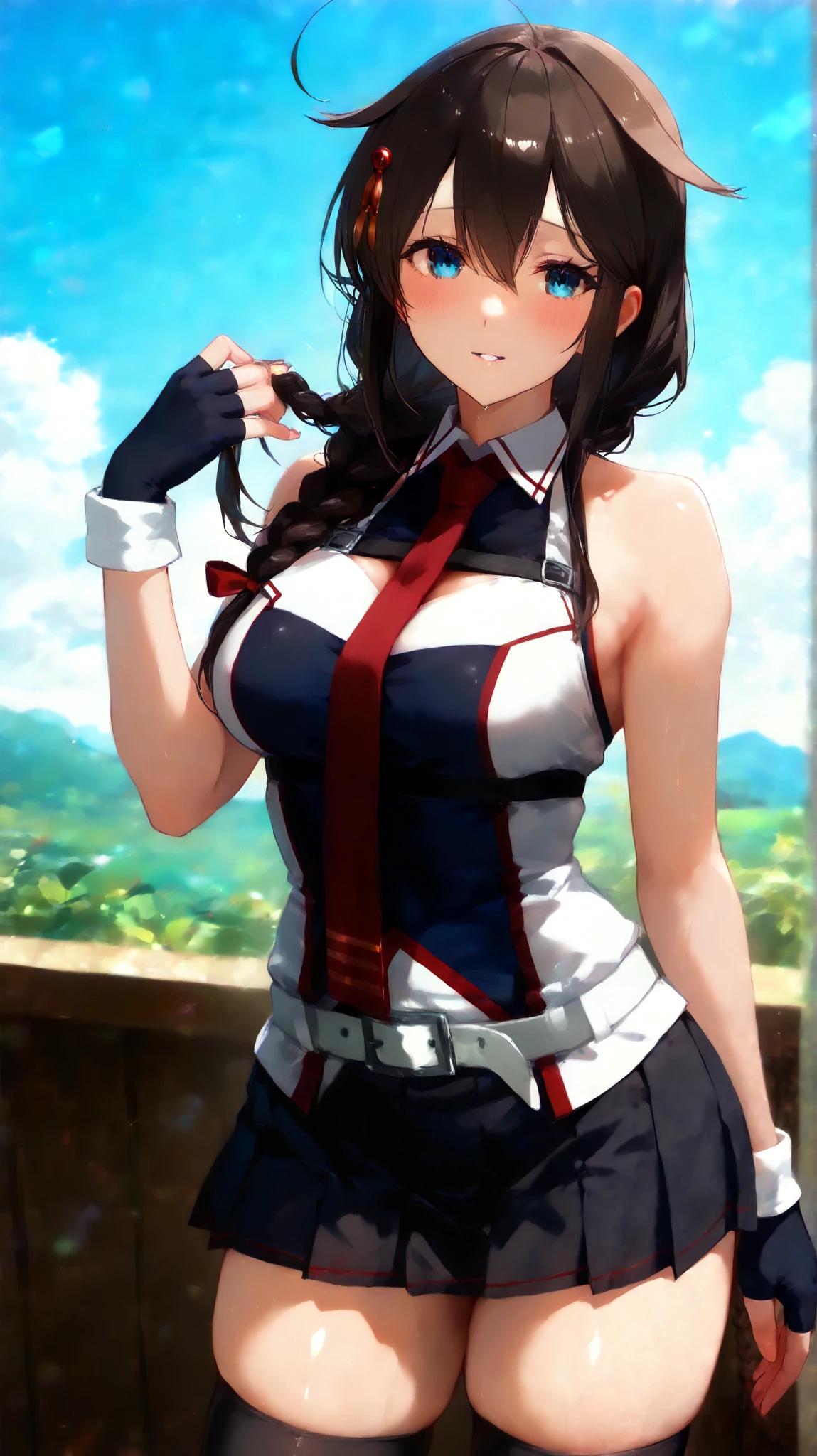 Sigure_Kaizo_kantai collection, KanColle_Shigure, KC8K high resolution ( very detailed ), masterpiece, ( best quality ) animated illustration, detail eyes, detailed face detailed hands thin hair very detailed本文 、 fine skin one girl , long hair、black cock、 hair ornament、 、 pleated skirt、black、 black high socks fingertip gloves 、 black skirt 、 sleeveless shirt、 single braids、red tie、two-tone shirt、 Should hanging hair 、 hair flap、White Belt (chest) a gentle expression Blue sky background