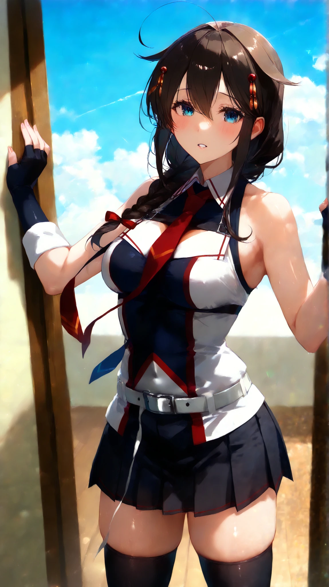 Sigure_Kaizo_kantai collection, KanColle_Shigure, KC8K high resolution ( very detailed ), masterpiece, ( best quality ) animated illustration, detail eyes, detailed face detailed hands thin hair very detailed本文 、 fine skin one girl , long hair、black cock、 hair ornament、 、 pleated skirt、black、 black high socks fingertip gloves 、 black skirt 、 sleeveless shirt、 single braids、red tie、two-tone shirt、 Should hanging hair 、 hair flap、White Belt (chest) a gentle expression Blue sky background