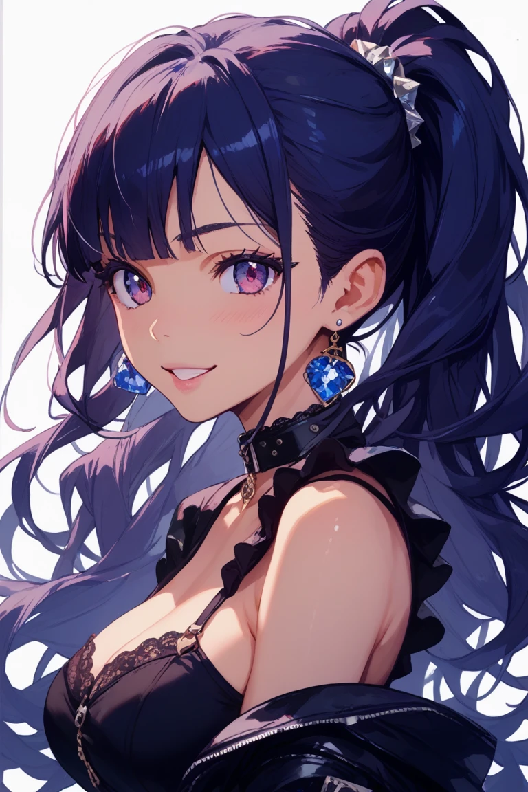 masterpiece, best quality, closeup portrait, from above, upper body, looking at viewer, <lora:å¹»å:1>, <lora:nico_robin_v1:0.7>, 1girl, smile, nico robin, long hair, black hair, hair slicked back, cleavage, blue eyes, see-through dress, off-shoulder, (iridescence:1.2), indoors, windows, soft light