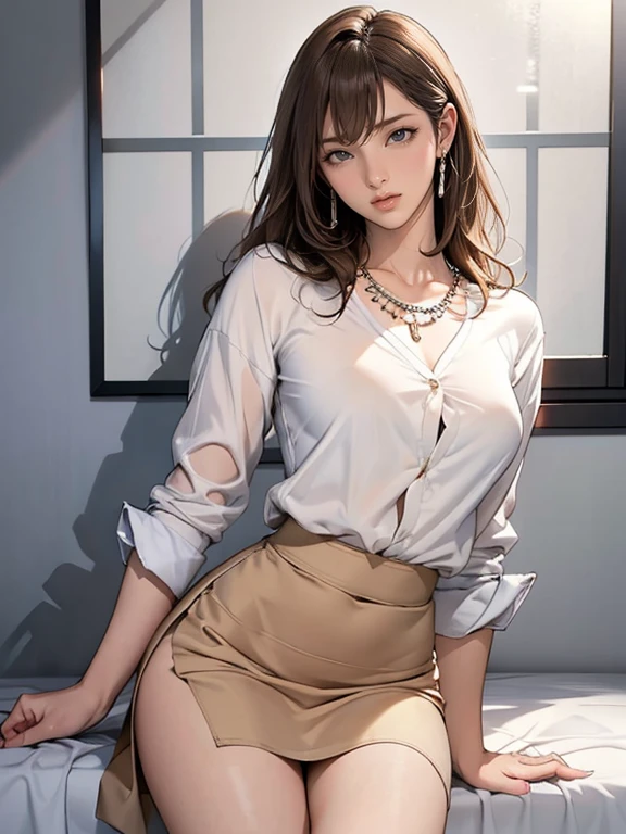 8K quality、High definition、Realistic skin texture、High definitionの瞳、Man facing、A female cafe owner spreads her legs to seduce a man、Brown long hair、、Ring piercing of the earlobe、Neat blouse、Neat skirt、Beautiful legs、Beautiful thighs、Dignified face、slender、Model Body Type、Ripe body、Neat 30 year old woman、Flip-up skirt、Bare buttocks、Exposed genitals、open legs,open crotch