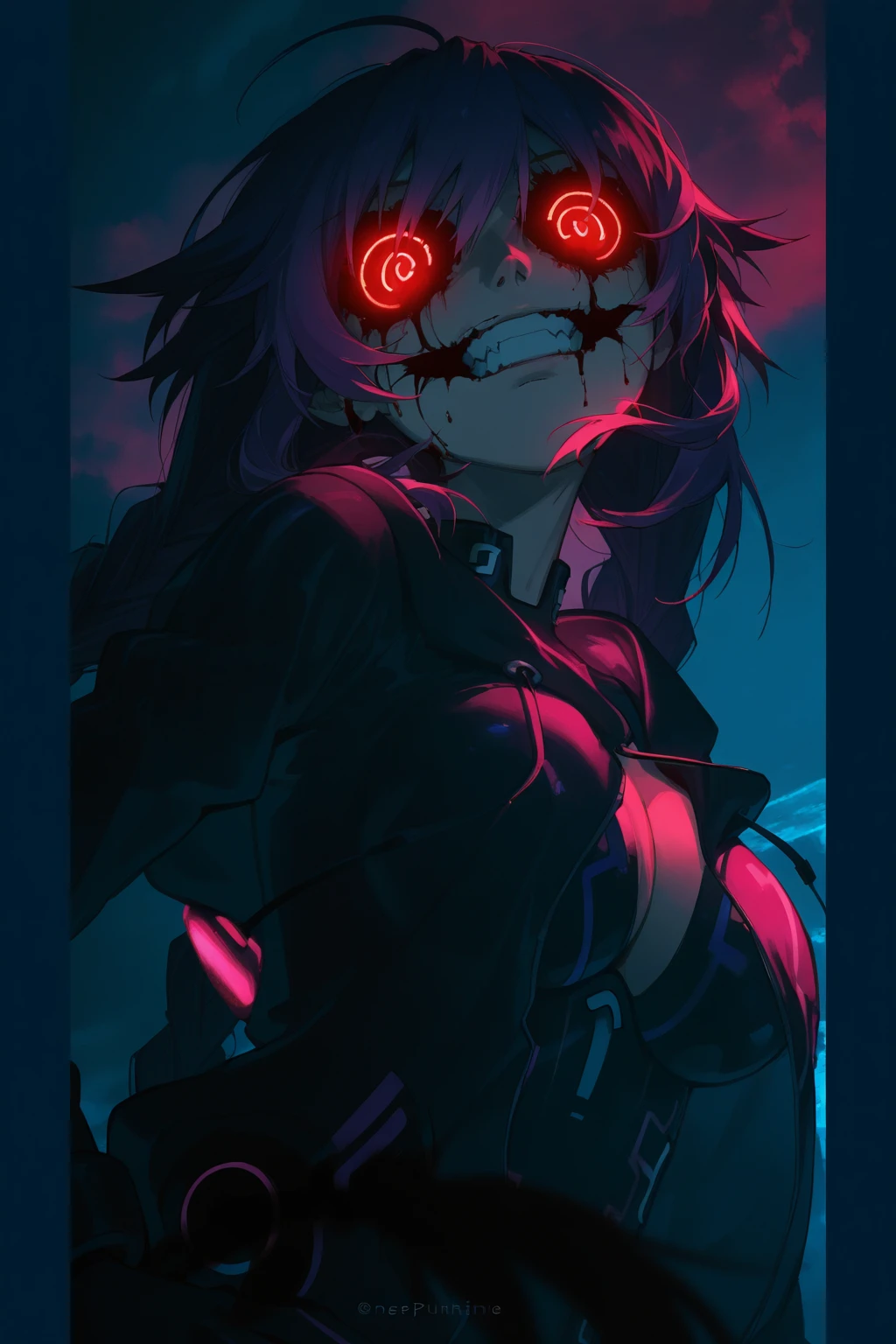 1girl, short_rebellious_hairblue_hair, hair tips to the side, scary_eyes, short_hair, Mouth open_teeth_sharp_fangs, Evil smile_sharp_wild teeth, black_iris, scarlet_red_pupil, black, sclera, soulless_black_eyes, looking_at_vi ewer, holding, shirt, pant, animal_ears, blue_ ears, wolf_woman, blue_tail, body_perfect, Milf_body, female_body_muscular, big_breasts, scar_on_thighs, scar_on_the abdomen,assassin's creed:hunter_outfit_black,Dark_black_skin