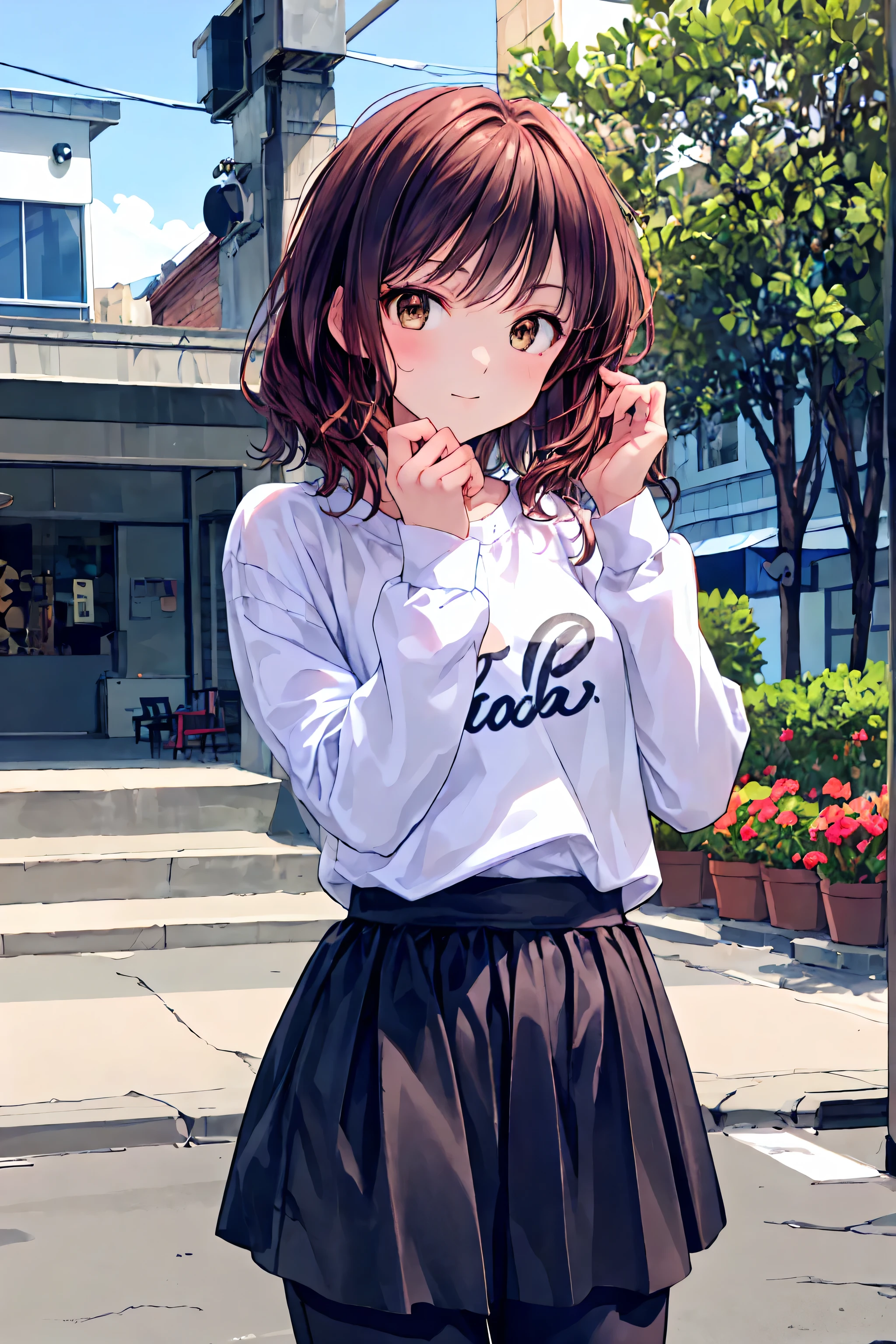 Anime girl with brown hair and a white shirt and black skirt - SeaArt AI
