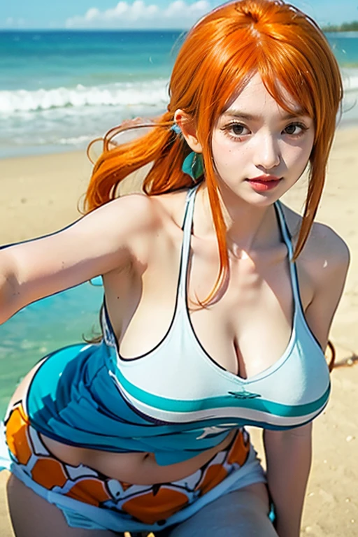 1 girl, nami, orange hair, bikini, belly, hyper realistic, ultra detail, 70mm lens