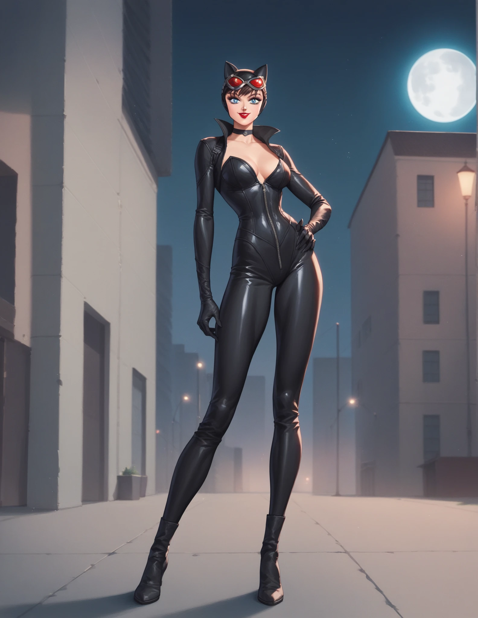 (masterpiece, best quality:1.2), catwoman, 1girl, solo, breasts, (cat ears, goggles, goggles on head), black bodysuit, night, center opening, unzipped, open bodysuit, green eyes, blurry background, perfect hands, perfect fingers, skimpy outfit, (muscular, thick thighs:1.4), upper body view, small breasts