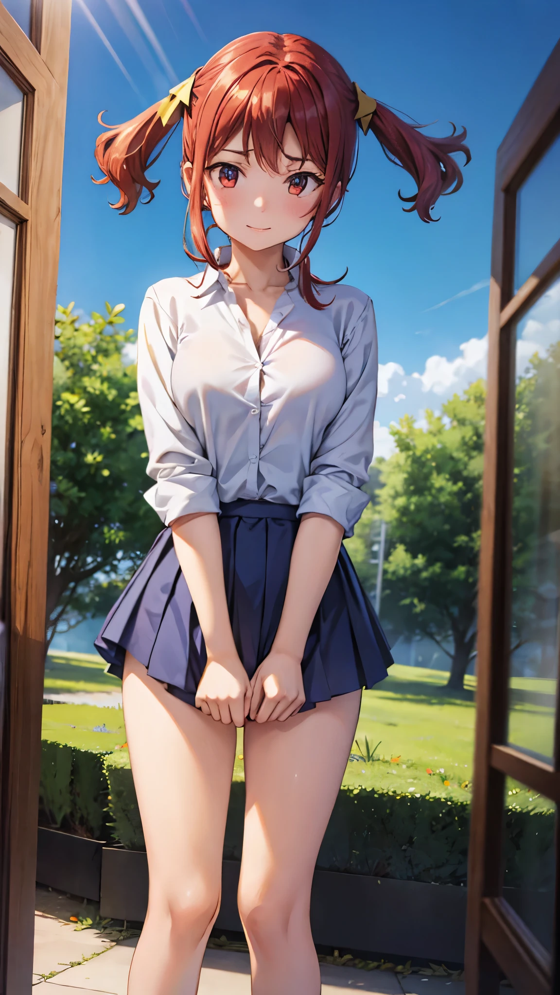 (super quality,ultra high resolution,16k,Super Masterpiece,Ultra HD ,detailed shading and background,)taken from below,Sexy high school girl,twin tails,white shirt with cuffed sleeves,The Valley of the Chest,red miniskirt,white panties,cover,smile,blue sky and sun visible background ,Strong winds, skirt lifts up a lot where you can see white panties,Leaning forward greatly, legs spread wide ,