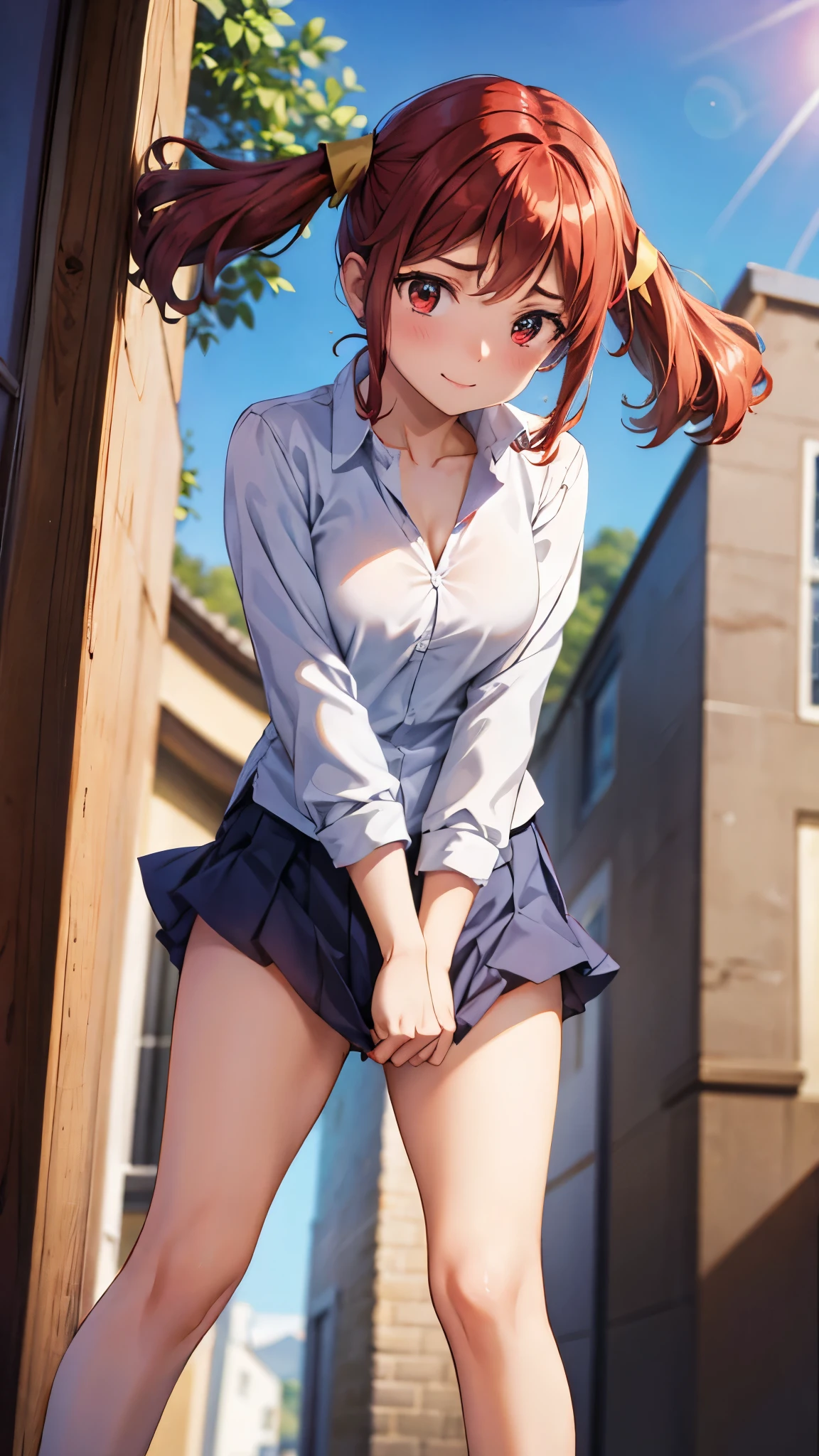 (super quality,ultra high resolution,16k,Super Masterpiece,Ultra HD ,detailed shading and background,)taken from below,Sexy high school girl,twin tails,white shirt with cuffed sleeves,The Valley of the Chest,red miniskirt,white panties,cover,smile,blue sky and sun visible background ,Strong winds, skirt lifts up a lot where you can see white panties,Leaning forward greatly, legs spread wide ,