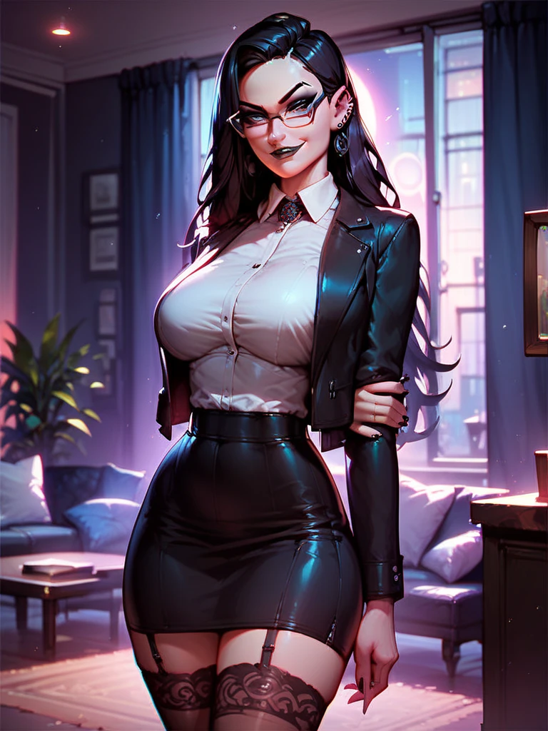 NSFW, LWRD, In a dimly lit office, Governor Rottenmeier, a stunning 35-year-old femme fatale, sits confidently at her table, exuding an aura of mystery and menace. Her athletic physique is showcased by the tight black coat and mini skirt, while her perfectly beautiful body glows under the soft light. A sly smile plays on her lips as she brandishes a sharp, lustrous black karambit knife, its edge glinting menacingly in the faint glow. Her short black hair frames her detailed face, with intense blue eyes and arched eyebrows that seem to pierce through the darkness. The air is thick with a sense of foreboding as she gazes seductively at him with lewd eyes that hide a murderous intent, her dark red lipstick glistening like a siren's call.