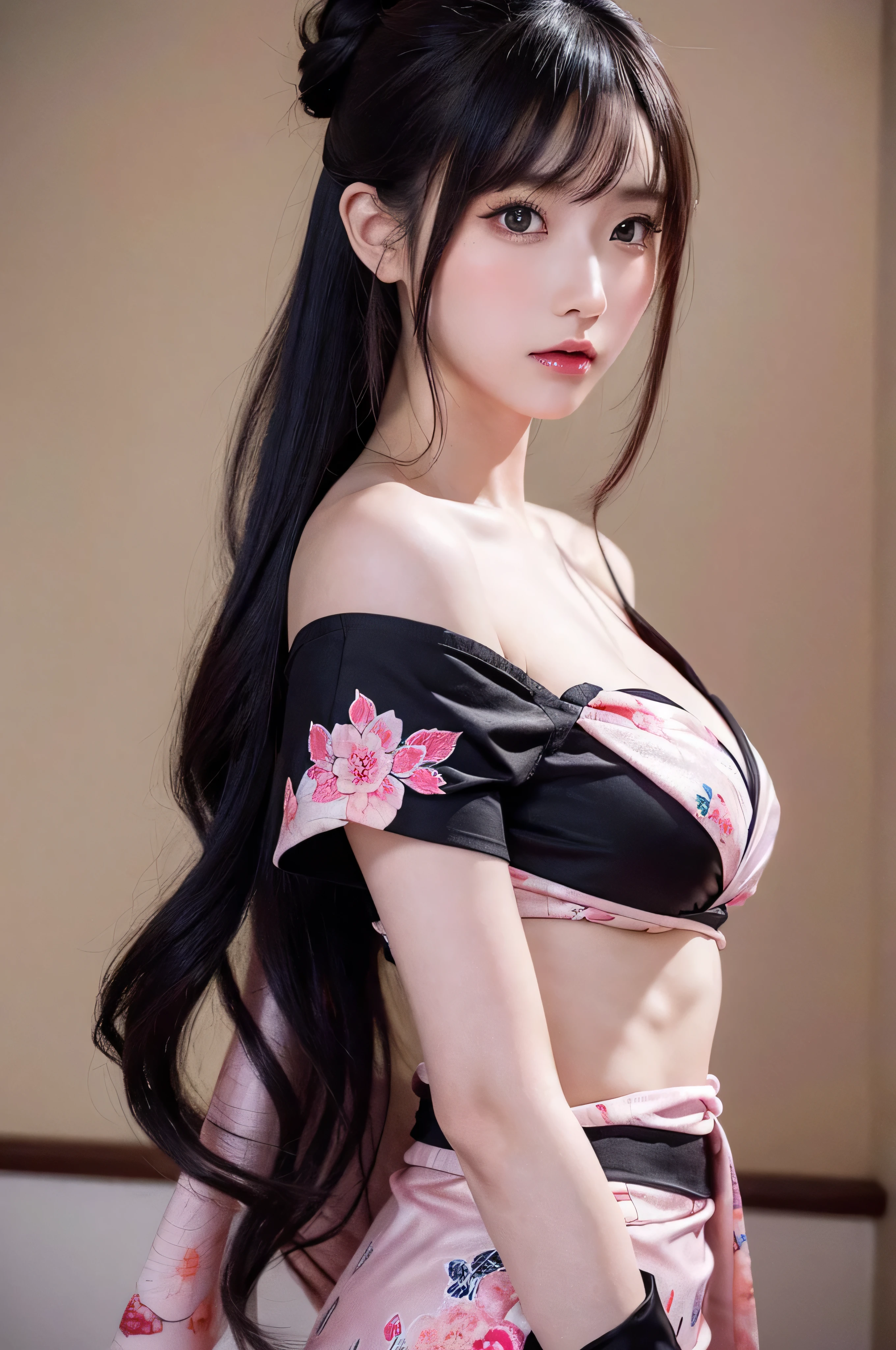 (*K) HD, highest quality, WorKs of masters, High resolution, 1 girl,I'm flipping it up to show my panties、 nezuKo Kamada, ((nezuKo of demon slayer)) super beautiful face, Super beautiful eyes, Super beautiful hair,trendy outfit,magazine cover,sexy and attractive,explosion of colors,BlacK color hair,Big hairpin,full body esbian,squatted