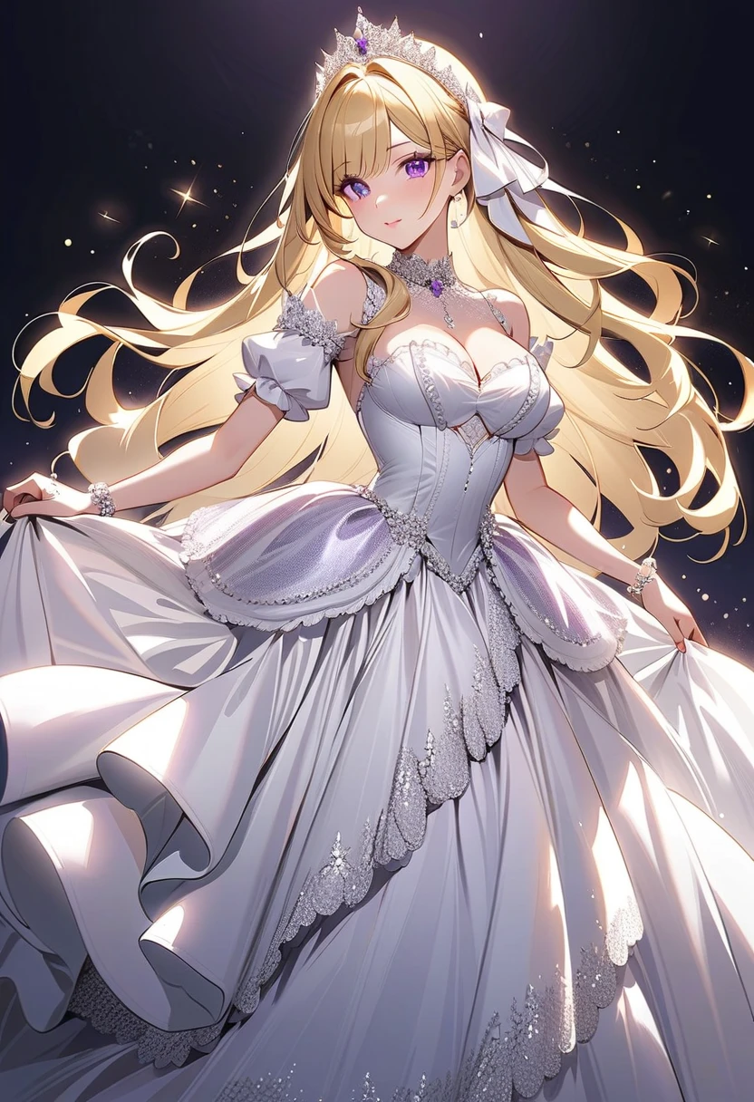 (masterpiece), (highest quality), Super detailed, perfect face, perfect body, 1 girl, beautiful girl,smile、clear、 ballerina、leotard、ballet dress、skirt、panniers、stand,sexy, white pantyhose、Spotlight、stage、dance ballet