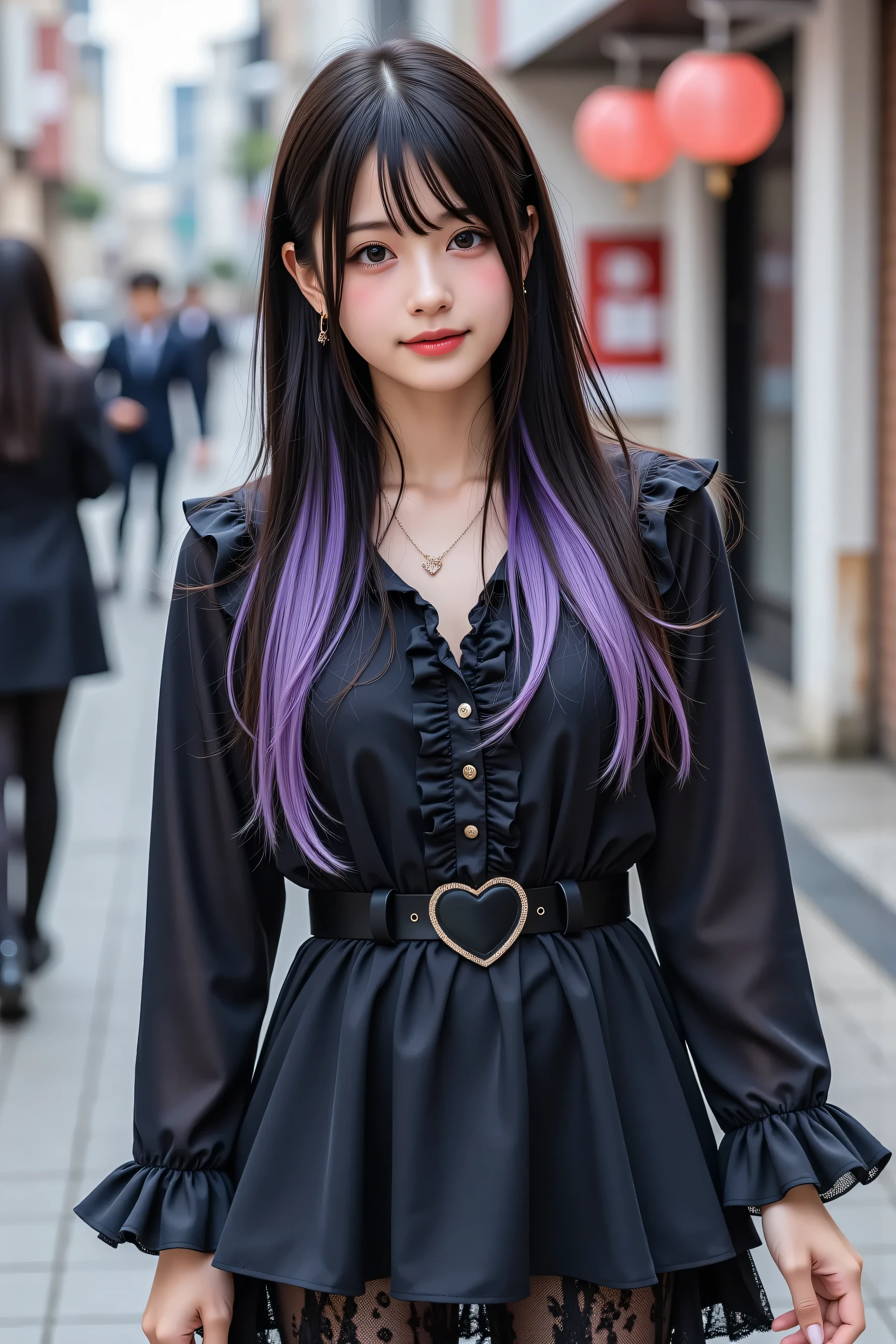 has the coat of 。Jewelry A picture of a beautiful woman in a Jirai costume. She has the coat of pink lace trim shirt with ribbons and frills . She also wears a black skirt with a heart belt , and black ruffled lace socks and black shoes .(),( realistic:1.3), finely, quality, Rembrandt lighting, ( table top:1.2), ( realistic:1.2), (highest quality), ( fine skin:1.3), ( Intricate Details), dramatic, ray tracing, BREAK 1 girl, Japanese Girls , smile,(black and purple hair 1 .4), split bang , Eye Highlights 21 Years Old , medium , earrings, Jirai Fashion , Short Dress, frills, , ribbon, BREAK (tokyo street, Harajuku, sunny day), BREAK