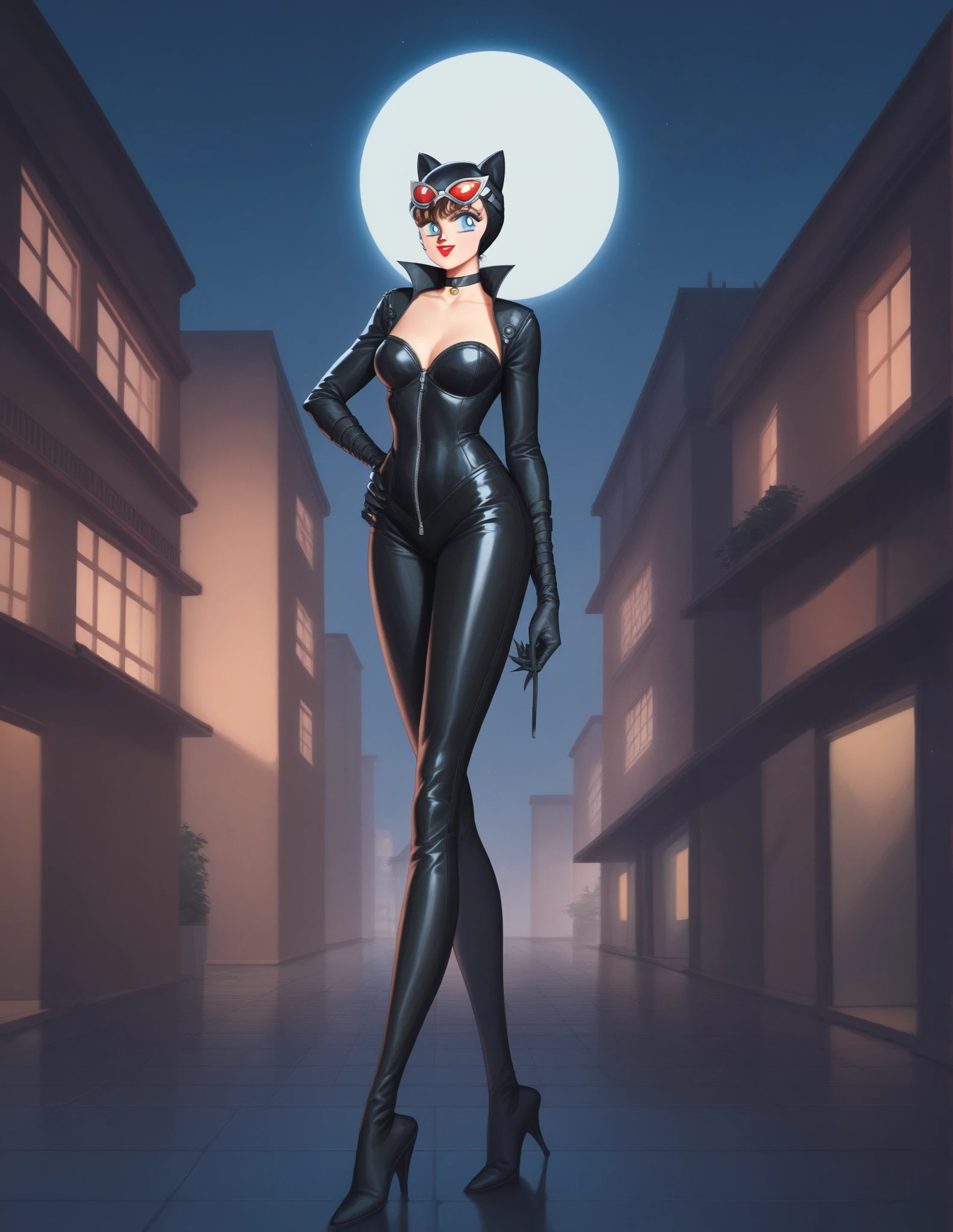 masterpiece, best quality, catwoman, www.ownwaifu.com, breasts, large breasts,lips, makeup, black hair,short hair, lipstick, green eyes, collarbone, bodysuit, cleavage, goggles, goggles on head, cat ears, animal ears, eyewear on head, black bodysuit,unzipped, gloves,choker, latex, zipper, catsuit, center opening, full-length zipper, shiny clothes, shiny, belt, skin tight, fake animal ears, open clothes, (extremely detailed fine touch:1.2), (natural light, sun light, light rays, dappled light, ray tracing:1.2), masterpiece, best quality, highly quality ,official art, 8K, highres, (absurdres:1.2), (bokeh:1.2), cameltoe, (very tigth clothes detailing breasts niples and shaved pussy):2.