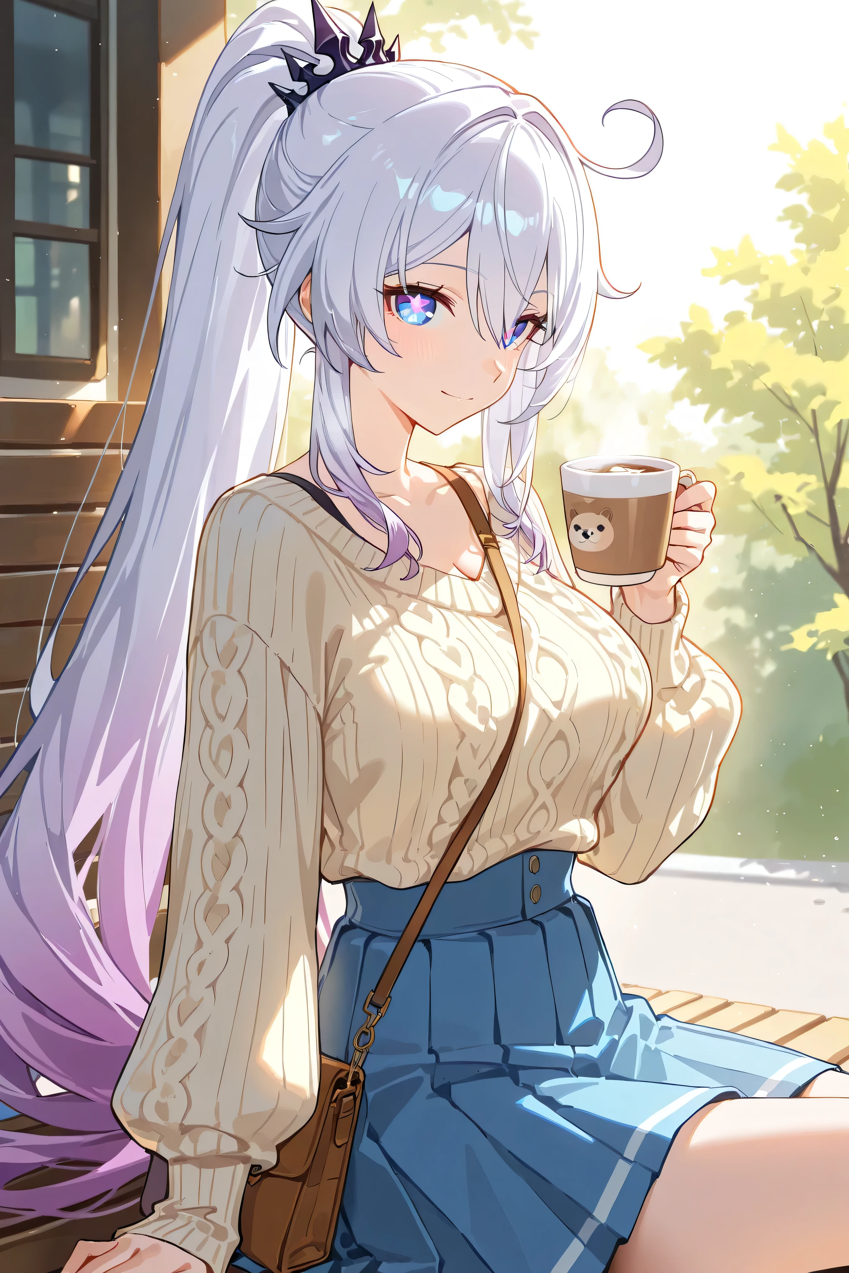 score_9, score_8_up, score_7_up, masterpiece, best quality, very aesthetic, absurdres, tunning image, light particles, attractive image, 1girl, adult grown woman, solo, kiana kaslana \(honkai impact 3rd\), herrscher of finality, white hair, ahego, high ponytail, long hair, blue eyes, symbol-shaped pupils, masterpiece,best quality,amazing quality, 5 fingers, alternate costume, An anime female character in a cozy oversized cream knit sweater paired with a caramel high-waisted pleated skirt. She carries a minimalist tote bag and her hair is styled in a relaxed low ponytail with soft strands framing her face. She sips a warm latte while sitting at an outdoor café, bathed in gentle afternoon sunlight, with a warm and inviting atmosphere around her.
