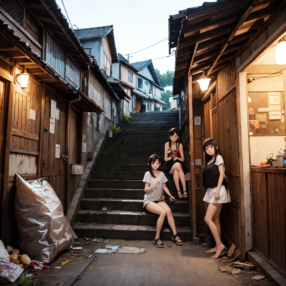 (masterpiece、Highest quality)、(Japan favelas、Seedy Night City)、((Unhygienic and lifeless:1.4、Stone stairs))、((tits、Pussy、Junior high school girl、Three or more pretty naked girls、smile、fun))、((Unsanitary and dim))、Shady Red Light District、Sale of drinks、(Outer phase)、smile、Happy schoolchildren、Perfect Anatomy
