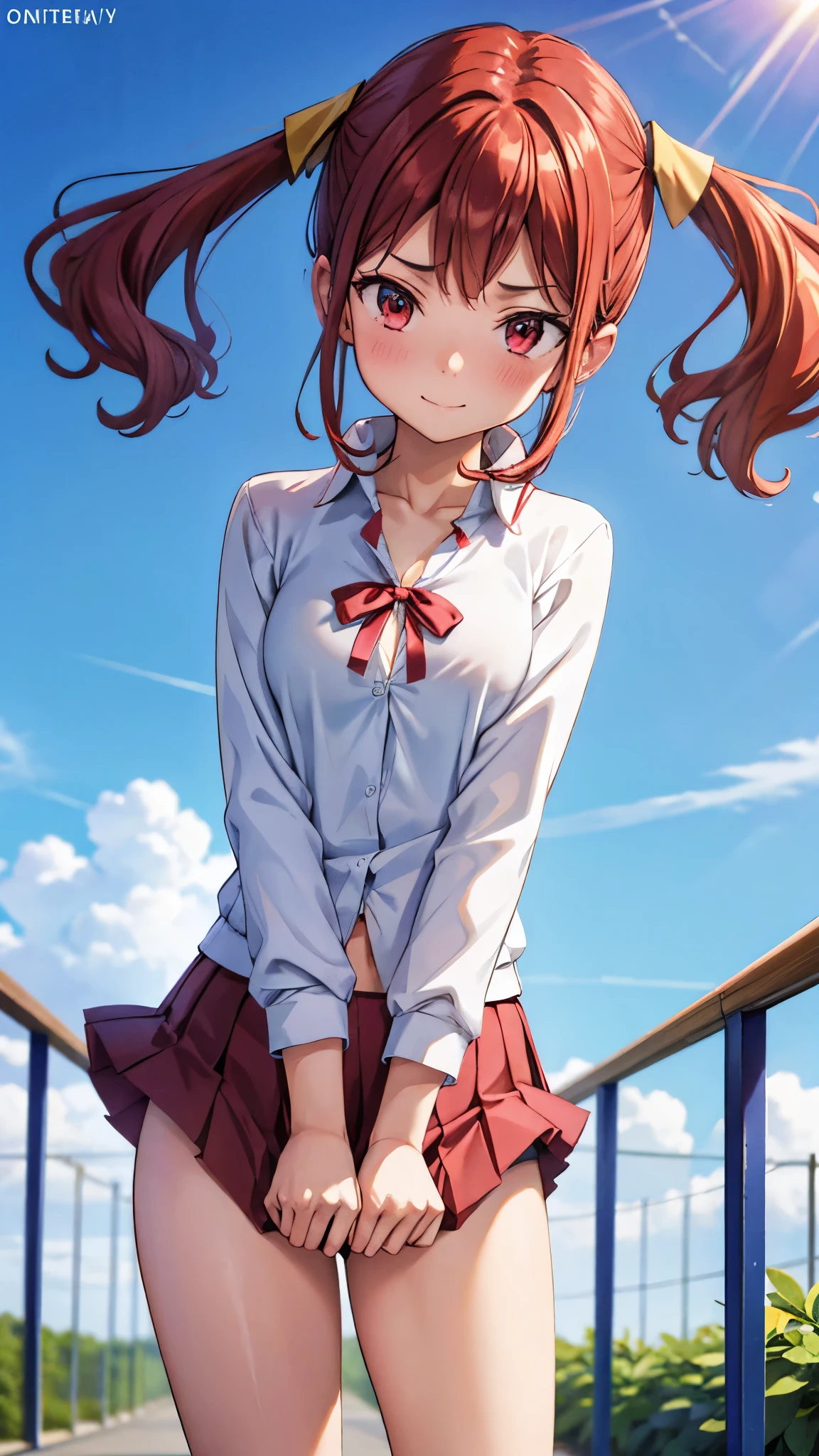 (super quality,ultra high resolution,16k,Super Masterpiece,Ultra HD ,detailed shading and background,)taken from below,Sexy high school girl,twin tails,white shirt with cuffed sleeves,The Valley of the Chest,red miniskirt,white panties,cover,smile,blue sky and sun visible background ,Strong winds, skirt lifts up a lot where you can see white panties,Leaning forward greatly, legs spread wide ,
