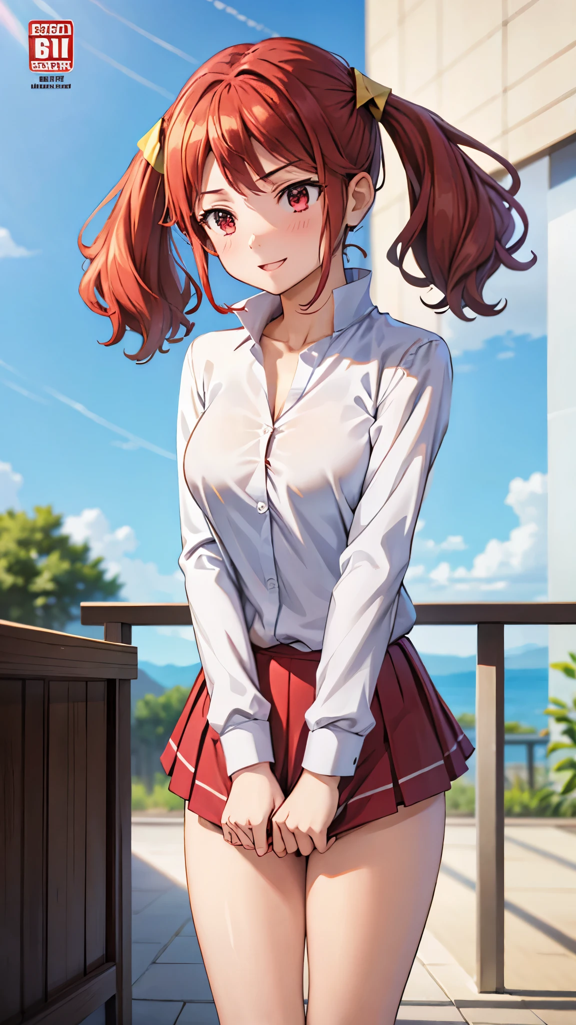 (super quality,ultra high resolution,16k,Super Masterpiece,Ultra HD ,detailed shading and background,)taken from below,Sexy high school girl,twin tails,white shirt with cuffed sleeves,The Valley of the Chest,red miniskirt,white panties,cover,smile,blue sky and sun visible background ,Strong winds, skirt lifts up a lot where you can see white panties,Leaning forward greatly, legs spread wide ,