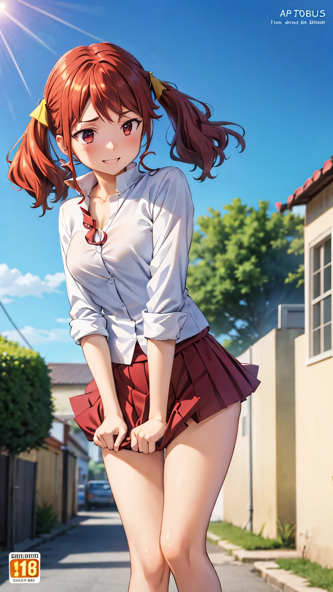 (super quality,ultra high resolution,16k,Super Masterpiece,Ultra HD ,detailed shading and background,)taken from below,Sexy high school girl,twin tails,white shirt with cuffed sleeves,The Valley of the Chest,red miniskirt,white panties,cover,smile,blue sky and sun visible background ,Strong winds, skirt lifts up a lot where you can see white panties,Leaning forward greatly, legs spread wide ,