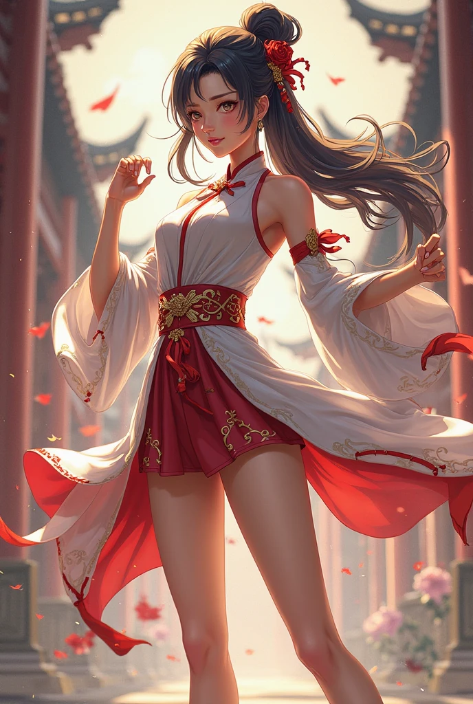 masterpiece, Best Quality, absurderes, Perfect Anatomy, Unity 8k Wallpapers,best anime,dynamic angle、action pose:Slashing、cowboy shot,20 year old beauty、boa hancock,black hair,long hair,center parted bangs,slender body,large breasts,a smile,shy look、Turn your body to the viewer、waitress,red kimono、Red pleated mini skirt、outdoor、shrine、