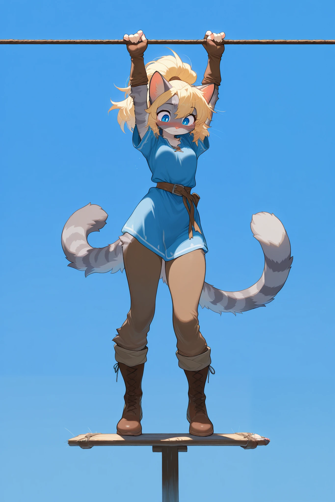 masterpiece, best quality, amazing quality, high resolution, absurdres, newest, furry, anthro, countershading, solo, katxl, Anthro furry feline, blue eyes, grey striped fur, blonde ponytail, spikey hair, slender body, pink nose, whiskers, small breasts, striped cat tail, wearing blue tunic, brown fingerless arm length gloves, brown pants, brown boots, she is holding onto a tightrope with her hand, she is hanging off of a tight rope with her hands, , gradient bright blue background, she is struggling,