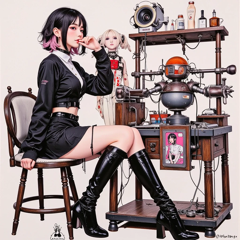 BDSM、bondage、gag、vocalist。彼女はmicrophoneを持っています、vocalist。microphone。Techno UK pop、she has an anime magazine、pink short hair、black clothes、robot girl、Avant-garde painting、、Andy Warhol、pink panties、Japanese high school girl、 Hans Bellmer 、Spherical Joint Doll、 Hair、gothic lolita fashion、black cool space car、2020's fashion illustration、 Acrylic Painting 、super surrealism、red orange、super real painting、 electric guitar