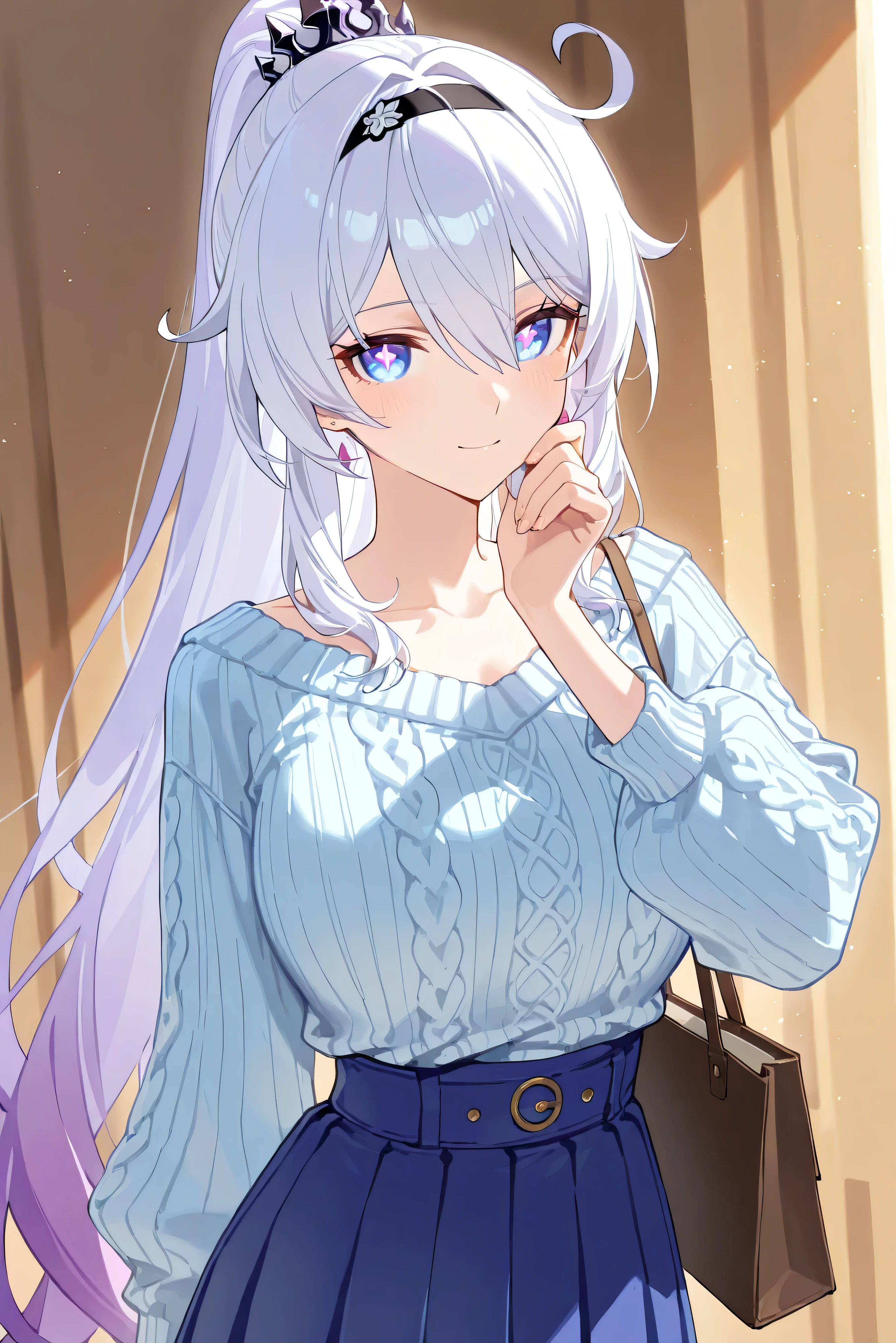 score_9, score_8_up, score_7_up, masterpiece, best quality, very aesthetic, absurdres, tunning image, light particles, attractive image, 1girl, adult grown woman, solo, kiana kaslana \(honkai impact 3rd\), herrscher of finality, white hair, ahego, high ponytail, long hair, blue eyes, symbol-shaped pupils, masterpiece,best quality,amazing quality, 5 fingers, alternate costume, An anime female character in a cozy oversized cream knit sweater paired with a caramel high-waisted pleated skirt. She carries a minimalist tote bag and her hair is styled in a relaxed low ponytail with soft strands framing her face.