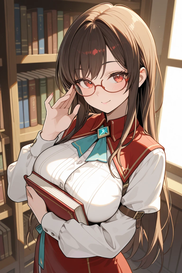alone, 1 girl, masterpiece, best quality, extremely detailed, movie lighting, intricate details, high resolution, official art, Exquisite and beautiful face and eyes, High resolution illustration, 8K, dark intense shadow, overexposure, [blonde hair/brown hair], single braid, blue eyes, Glasses, smug, sit on the chair, Upper body, Big breasts, White shirt, sling, Book_heap, library, ((vine)), Rose, looking at the audience