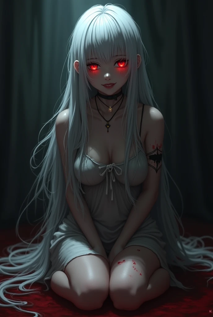 A strangely beautiful girl in her 20s, Full pose,Miniskirt and crossed legs,With a malicious smile, Silver Hair,long hair,Loose curly hair,Crazy Eyes, Devilish laughter, Deep and creepy eyes, dark ambient, Illuminate, Hollow Eyes, Wicked Smile, saliva, Covering the face with hands, Anime Style, Anime Style, Backlight, Blurred, Ultra Wide Angle, From below, 1080P, masterpiece