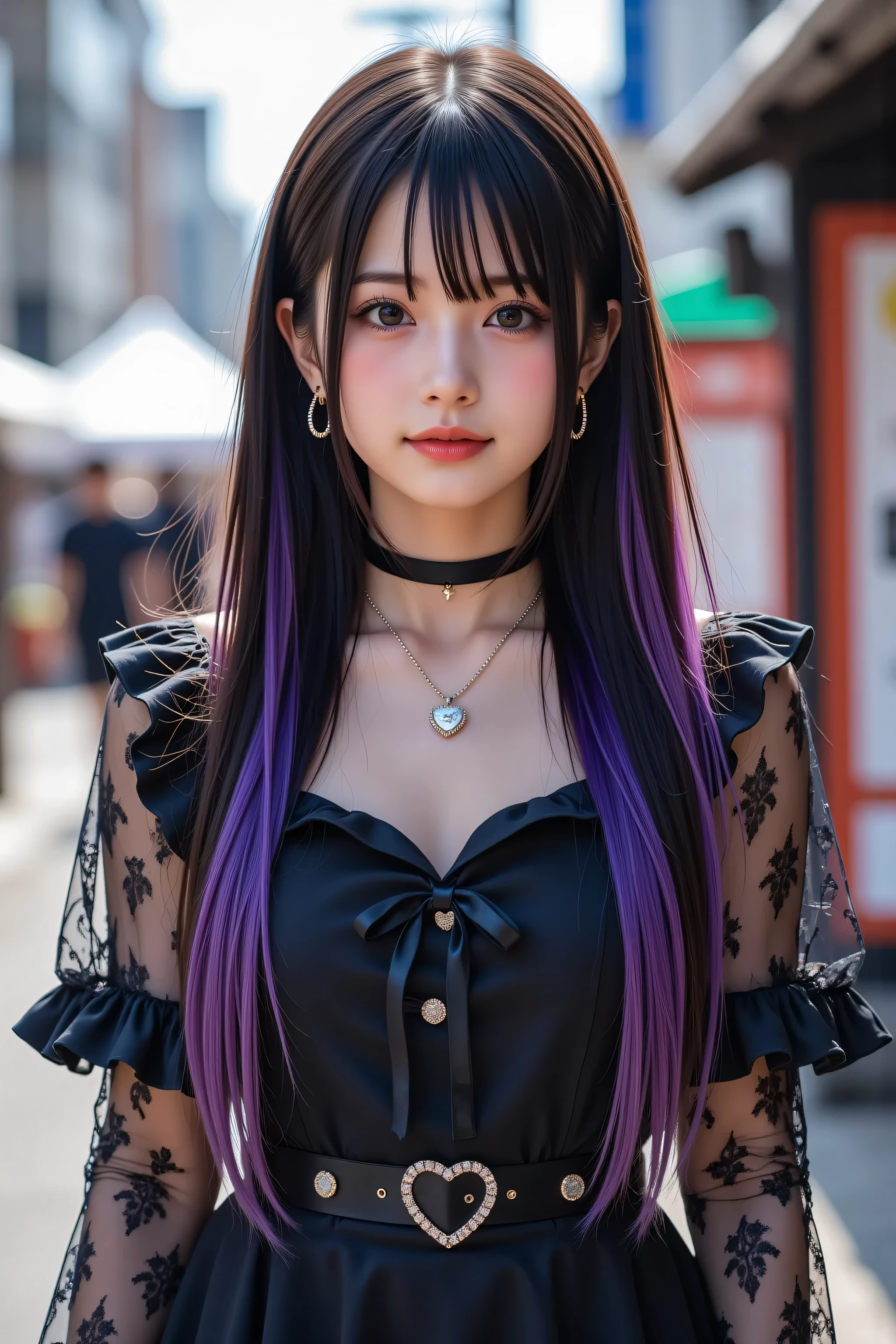 has the coat of 。Jewelry A picture of a beautiful woman in a Jirai costume. She has the coat of pink lace trim shirt with ribbons and frills . She also wears a black skirt with a heart belt , and black ruffled lace socks and black shoes .(nsfw),( realistic:1.3), finely, quality, Rembrandt lighting, ( table top:1.2), ( realistic:1.2), (highest quality), ( fine skin:1.3), ( Intricate Details), dramatic, ray tracing, BREAK 1 girl, Japanese Girls , smile,(black and purple hair 1 .4), split bang , Eye Highlights 21 Years Old , medium , earrings, Jirai Fashion , Short Dress, frills, , ribbon, BREAK (tokyo street, Harajuku, sunny day), BREAK