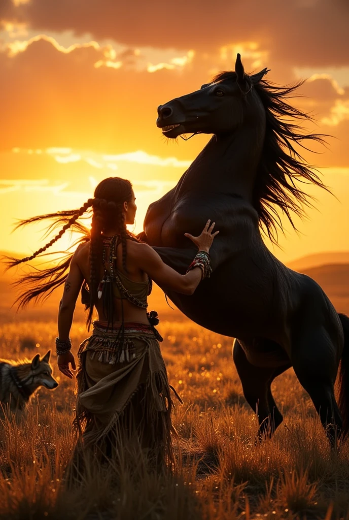 "A powerful and dramatic scene depicting a fierce woman with long, flowing hair that is partially open in the back, with two braids elegantly woven from the front to the back. She wears a traditional tribal outfit while taming a wild, majestic black stallion. The horse rears up in defiance as she stands before it, trying to calm its wild spirit. The setting sun casts a warm, golden glow over a vast grassy field, creating a striking silhouette against the vivid hues of the sunset sky. Wolves lurk subtly in the background, enhancing the untamed and mystical atmosphere. The woman’s attire includes multiple bracelets, a beaded necklace, and a fringed garment, adding authenticity and cultural depth. The scene exudes motion, intensity, and a deep connection between human and nature, reminiscent of the raw spirit of the Wild West."