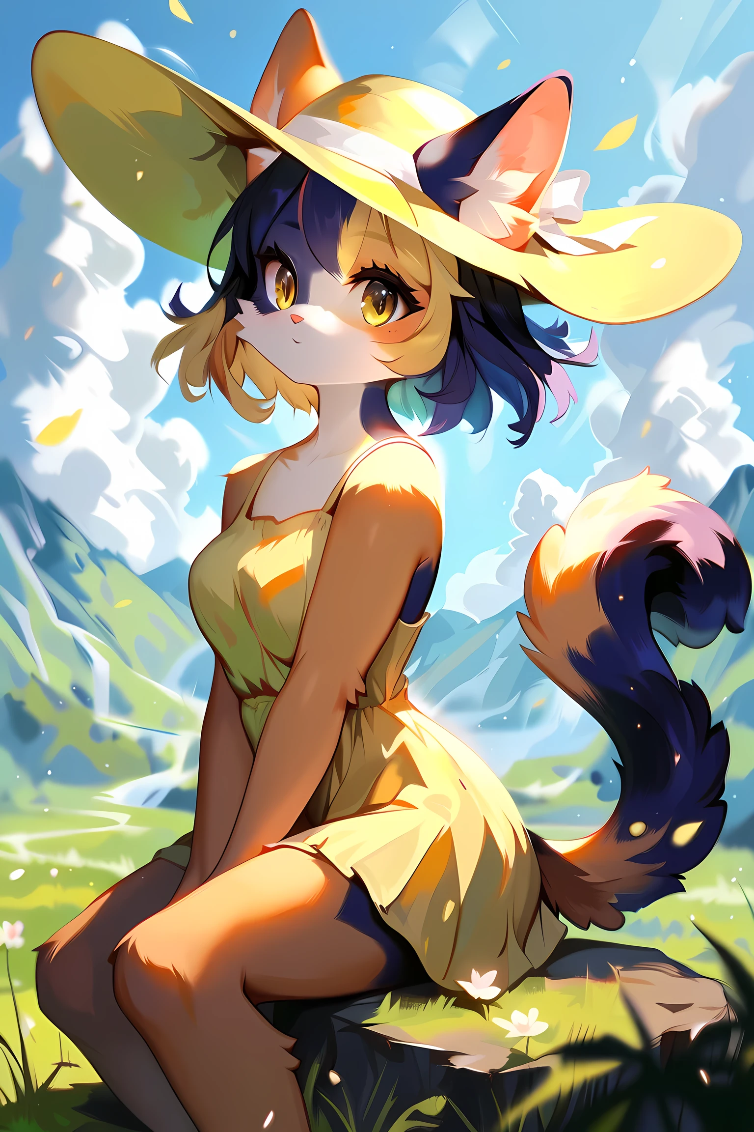 score_9, score_8_up, score_7_up, source_furry, (detailed eyes, beautiful eyes, black pupils, pupils)1.2, (beautiful, detailed background, very aesthetic, digital artwork, digital art, well shaded artwork, depth)1.2, anime - style image of a woman furry, calico cat furry, yellow sundress and yellow hat, short hair, grassfield, beautiful girl, beautiful scenery, (SFW VERSION)1.2, sitting on a rock, grassy rock, looking at scenery,  pixiv art, masterpiece, side view