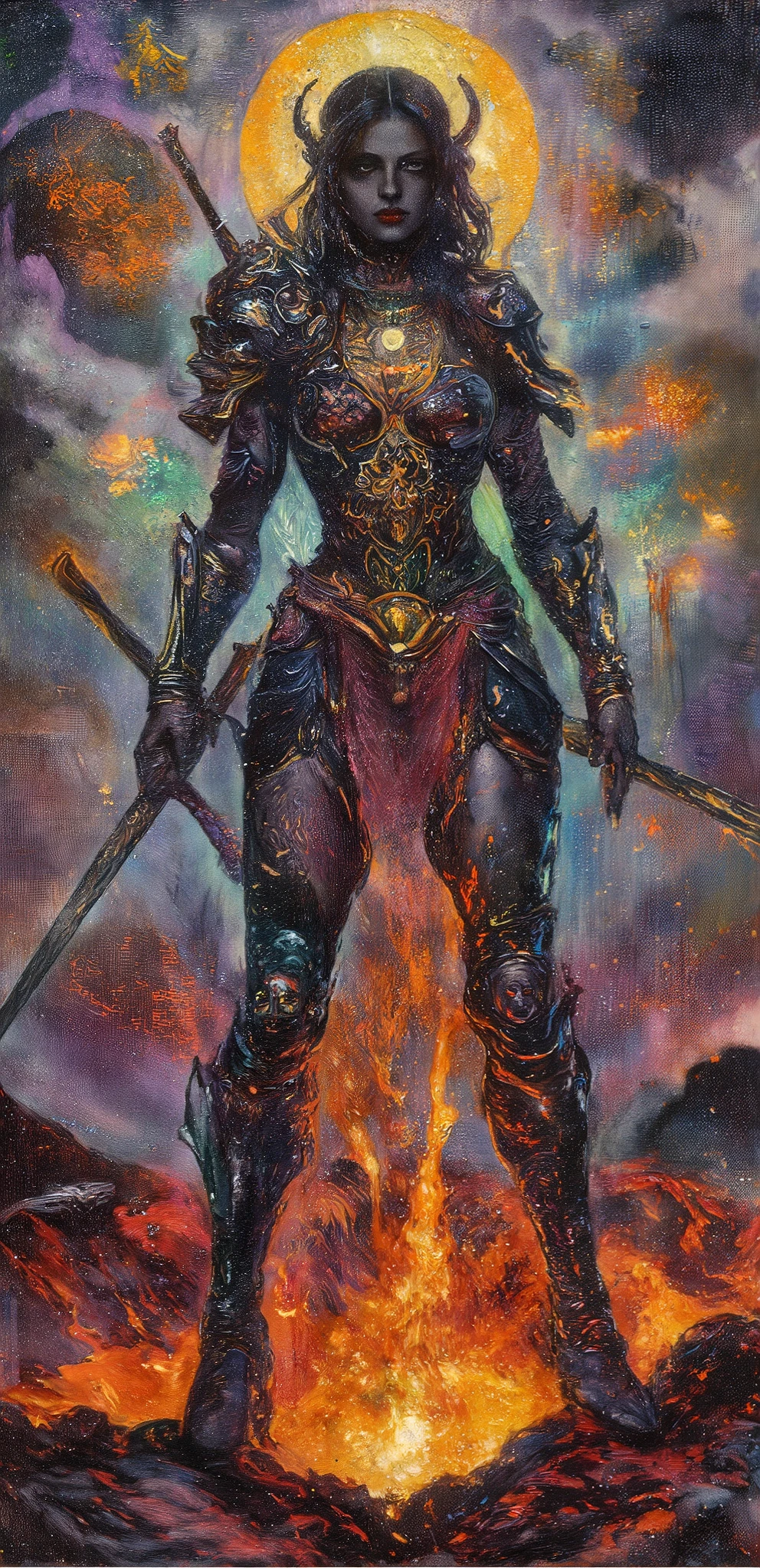 Dark woman Mandala effect skull, wearing intricate batik armor, glossy porcelain, and a long sword, striking an exaggerated surreal pose. Parts of its body unfold into complex landscapes—revealing a hellish inferno kitchen, a split view of paradise, glowing bioluminescence, a blood lake, swirling dark clouds, and cascading magmafalls. The entire scene feels like a dreamlike sequence, blending eerie and divine elements seamlessly. Rendered in hyper-realistic Octane style, the background is a vibrant cyberpunk magma volcano's world, filled with glowing holograms, fragmented digital grids, and floating luminous symbols. Ethereal energy pulses through the environment, creating a mesmerizing yet haunting atmosphere. The contrast between the warrior’s dark, gothic presence and the futuristic neon glow enhances the surreal, otherworldly essence of the composition.