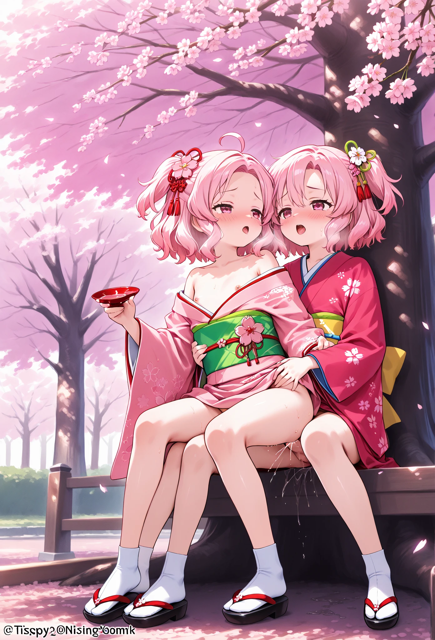 masterpiece, absurdres ,2girl, haruno sakura,forehead mark, red hairband, red sleeveless dress,ino yamanaka,both white micro bikini,,navel, groin, bracelet, looking at camera, crossed arms, smile, cherry blossoms, wind, floating hair, bitch faces, cleavage, big tits, NSFW,sucking dick