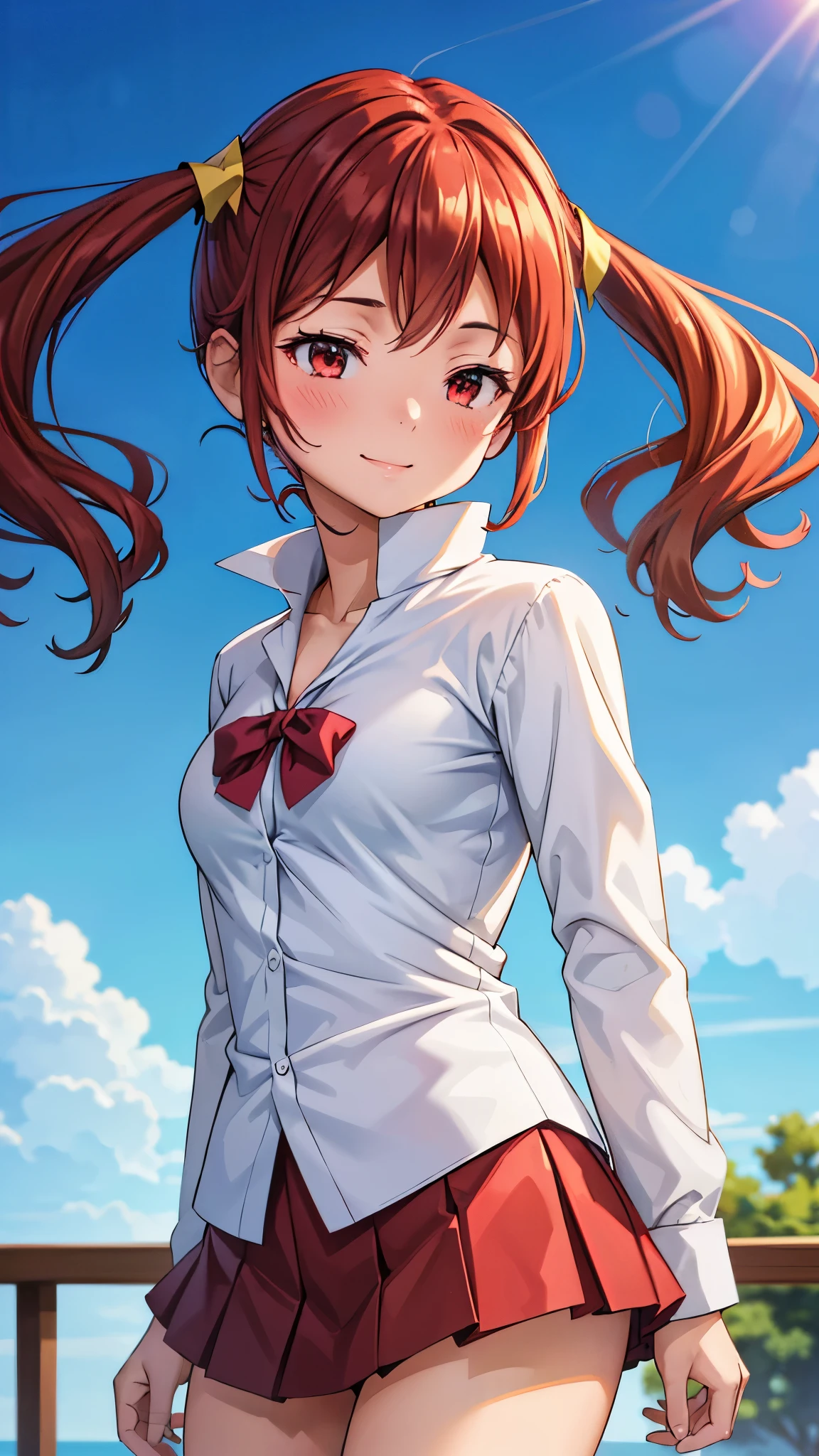 (super quality,ultra high resolution,16k,Super Masterpiece,Ultra HD ,detailed shading and background,)Upper body shot,Sexy high school girl,twin tails,white shirt with cuffed sleeves,The Valley of the Chest,red miniskirt,cover,smile,blue sky and sun visible background ,