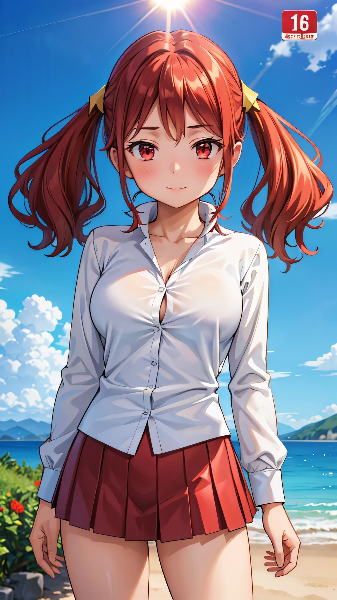 (super quality,ultra high resolution,16k,Super Masterpiece,Ultra HD ,detailed shading and background,)Upper body shot,Sexy high school girl,twin tails,white shirt with cuffed sleeves,The Valley of the Chest,red miniskirt,cover,smile,blue sky and sun visible background ,