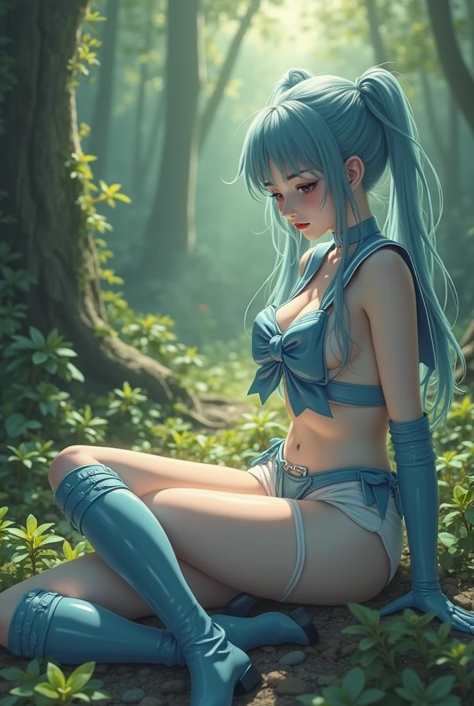 (masterpiece, best quality:1.2), Anime character Aisha Hanabi in a dungeon and domination setting with blue pigtails, slender, elegant, submissive, rebellious eyes, cerulean depths, intricate patterns on knee-high socks, ethereal light, detailed, digital painting, cinematic, character design by Hayao Miyazaki, dark and mysterious lighting, hyperrealistic, artstation, unreal engine, daz, octane render