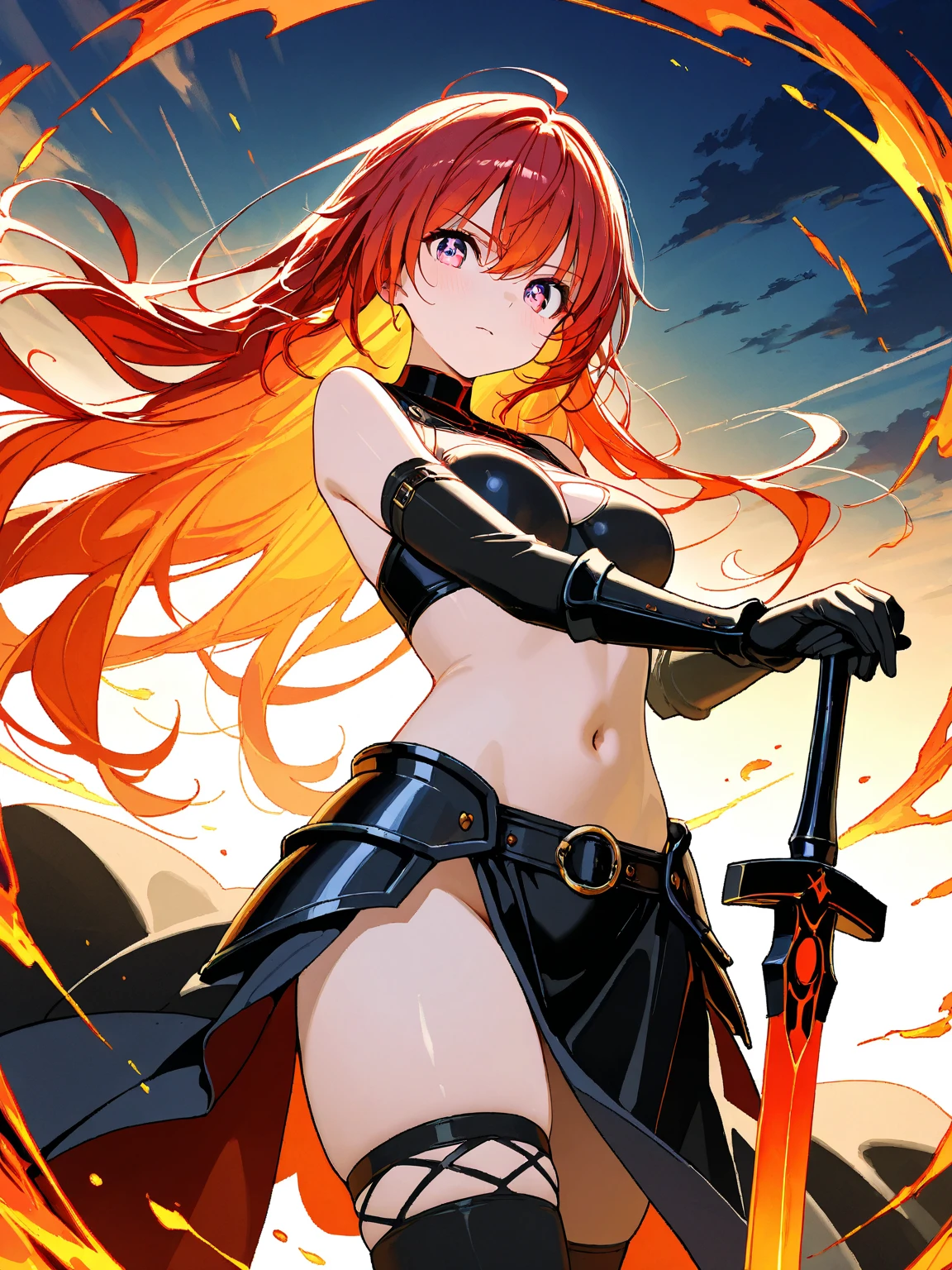 erza scarlet, half silver color steel breast plate with a cross pattern, bright red pupil, super mini battle skirt, holding giant silver boardsword, high pony tail, perfect body shape, 16k, sharp angel aura, steel hand glove, holy tattoo, long silk leggings, scarlet red color hair,silver color stylish Pauldrons