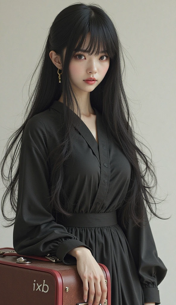 A beautiful young Asian woman with white skin (((long black hair with bangs))), dressed in a delicate and fluffy pastel green dress, with her back