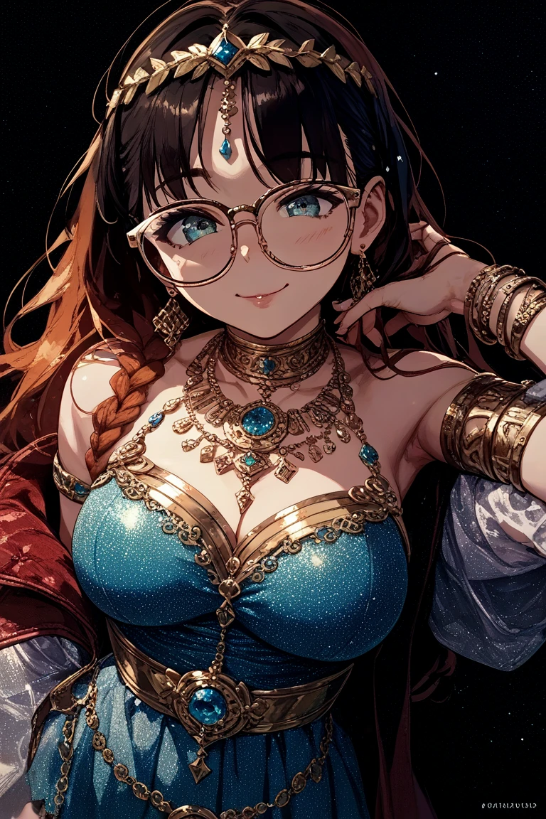 glasses, sportsbra, cleavage, hijabi, Absurd, ultra-detailed, high quality, masterpiece, detailed face, beautiful eyes(detailed eyes), Greek mythology Goddess, Hestia, goddess of the hearth and home, gentle and graceful, face exudes warmth and kindness, eyes described as soft and comforting, gentle and steady gaze, overall appearance is simple and modest, The fabric of her garments is usually depicted as soft and earth-toned, beauty lies not in extravagant adornments, Her smile is serene and welcoming
