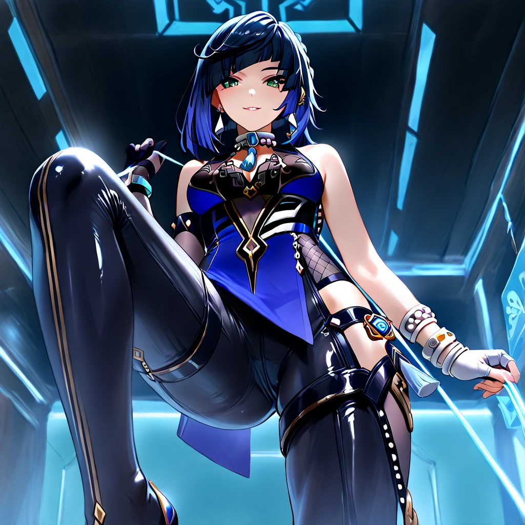 BDSM、Queen、mistress、One girl、solo、(((Long gloves covered in blue latex:1.4 )))、(((Black latex corset dress:1.4)))、(((The corset dress is decorated with beautiful lace.)))、(((corset dress with shoulder straps)))、(((Blue latex tight mini skirt:1.4)))、(((青いThigh-high boots)))、Stiletto heels、(((Blue latex panties)))、(((Black latex bra)))、(((Blue leather collar)))、(((Sexy pose)))、Wide-open legs、(((Erotic)))、(((Cowboy Shot)))、Masterpiece、High resolution、high resolution、8K UHD、Blue Rose、One girl、short hair、Blue Hair、Blue Lips、Superhero、Have,Elbow hand pockets、Pelvic Curtain、Thigh-high boots、whole body、Are standing、Hands on hips、Wicked Smile、Cold gaze、blush