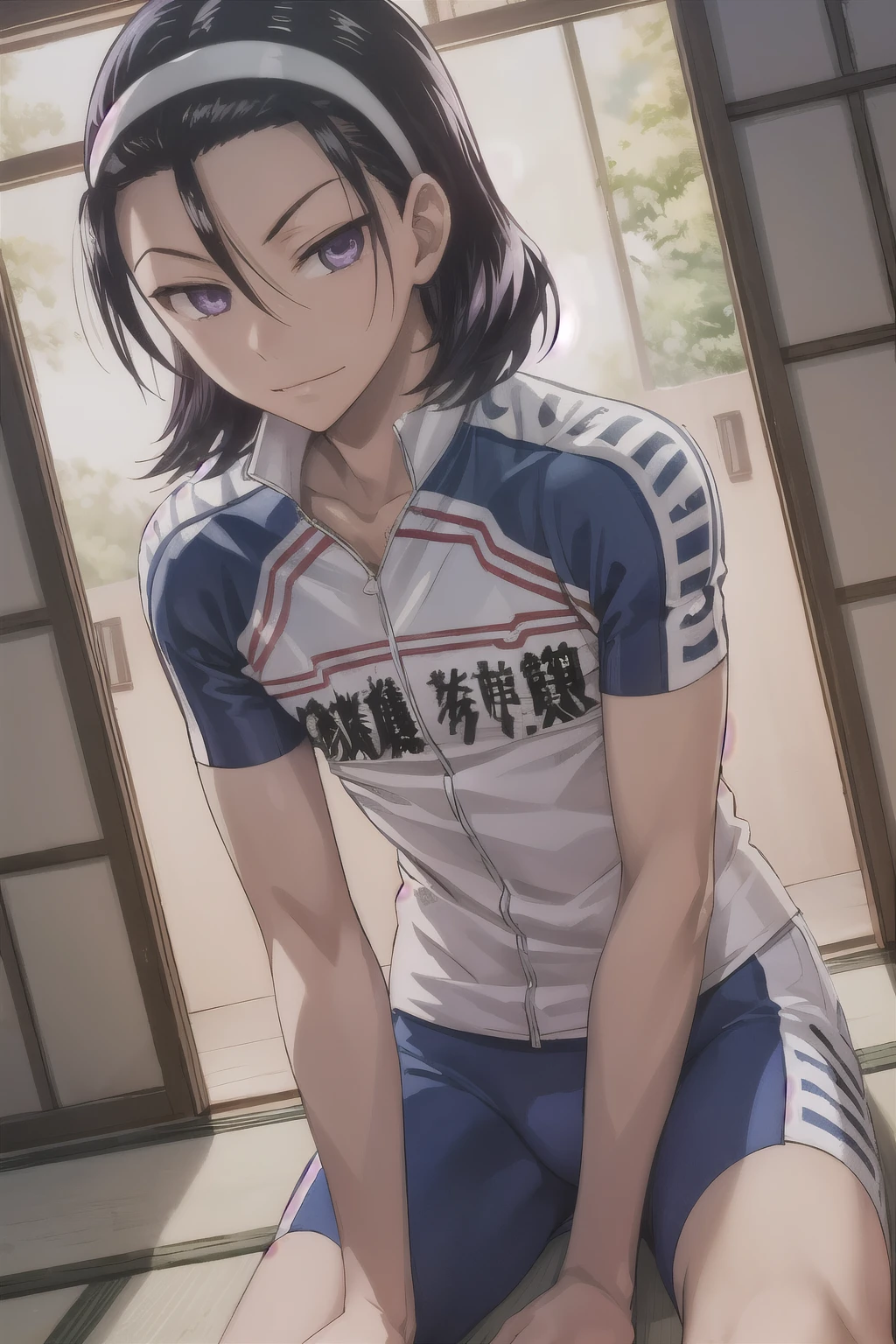 photorealistic, (4k), depth of field, ((Masterpiece)), (realistic skin texture), extremely detailed, intricate, hyper detailed, high resolution, professional photography, , depth of field, sharp detail, best quality, looking at viewer, 1boy, solo, male focus, (jinpachi_toudou), black hair, purple eyes, hair between eyes, sliding doors, tatami