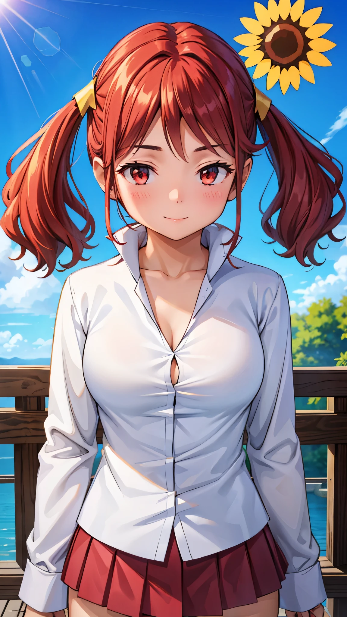 (super quality,ultra high resolution,16k,Super Masterpiece,Ultra HD ,detailed shading and background,)Upper body shot,Sexy high school girl,twin tails,white shirt with cuffed sleeves,The Valley of the Chest,red miniskirt,cover,smile,blue sky and sun visible background ,