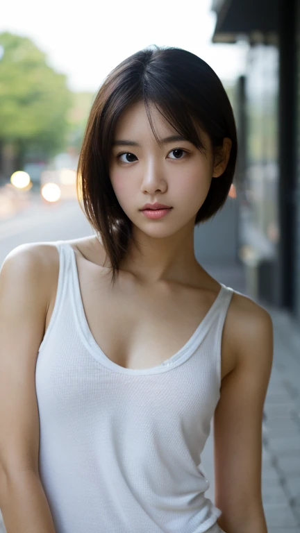 high resolution、Japanese women、beautiful、cute、Brown short hair hairstyle、Small face、beautifulな肌、Large breasts、Reality Stick、noon、summer、outside、White T-shirt and jeans