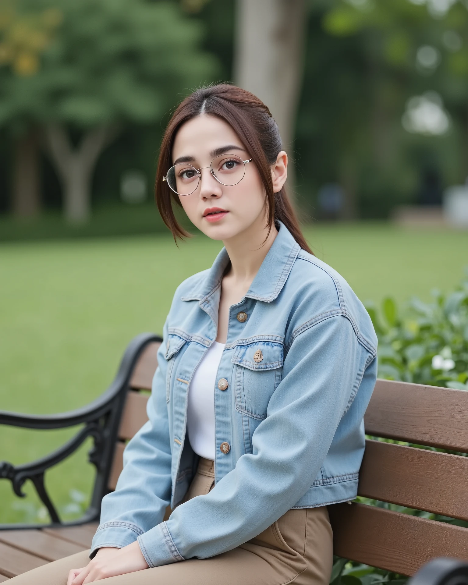 Young woman sitting on a wooden bench in a park. she is wearing a light blue denim jacket over a white blouse and brown trousers. she has tied lower bun brown hair with bangs and is wearing round glasses. the background is blurred, but it appears to be a park with trees and grass. the woman is looking off to the side with a thoughtful expression on her face.