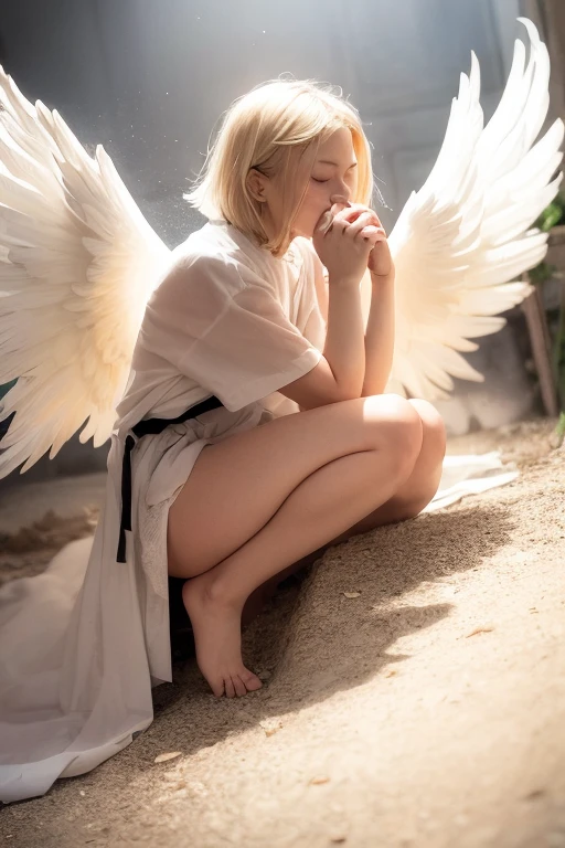 Angel Boy, Perfect Figure, (Side Face:1.2), (angel wings:1.3), Perfect Body, Very detailed, Best Quality, Raw foto, Photorealistic, 8K Wallpapers, huge file size, A highly detailed, high resolucion, The whole body is visible, Full Body Shot, Low angle, (angry expression:1.2), perfect faces, Face depictions, (1Boy:1.5), , childy young, young, chibi, Children, boy, male, with a, (9 years old:1.5), (blond.2), (short-hair:1.3), face, (Extreme detail:1.2), hyper detailed face, beautidful eyes, high nose, Blue Eyes, (Very pure white skin:1.2), (Feather headdress:1.2), (Angel costume:1.2), (goodlooking:1.2), (Very, Very cute:1.2), 8K, High Quality, Brilliant colors, Grass forest, sunshine, hunter, fairy, pointy ear, bow, Get on your knees and pray, Dark cave, The Black Cave, Black stone, soil, muddy