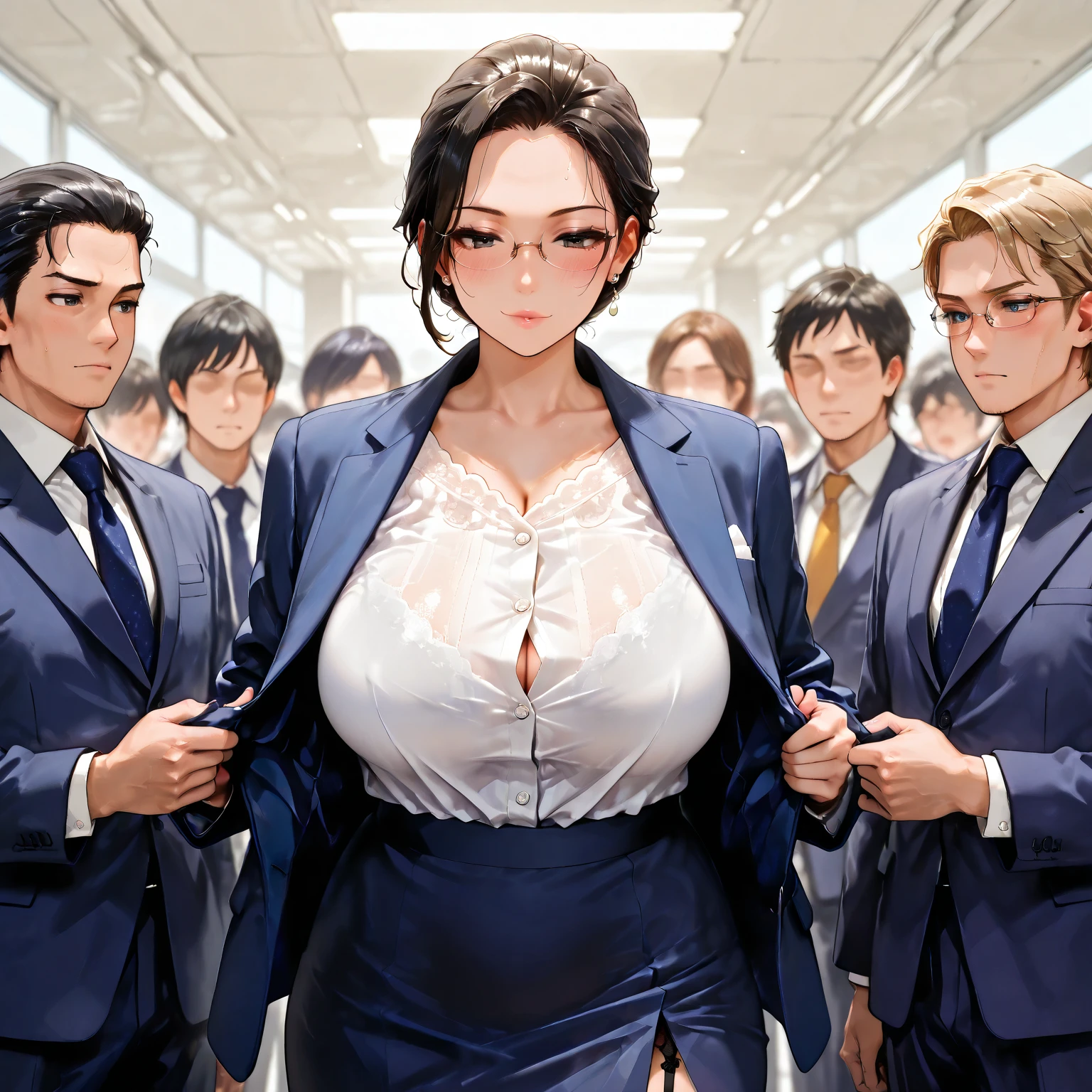 girl and colleagues,beautiful face,unbuttoned, muscular female, alternate muscle size,office ,pecs,muscular ,biceps,upper body,blush,glasses,