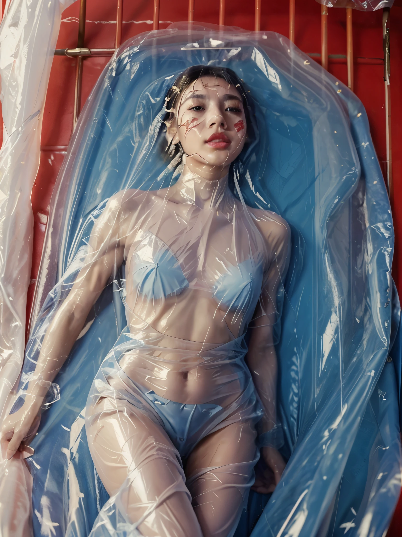 (Full body) in_ plastic ,bound arms,shibari,from bihind, (Japanese girl, 19, tall, 165, 32, 20 33, golden proportions, white skin, blonde hair) (Wear a translucent latex dress) (((She sat in jail in a clear blue plastic bag, her face wrapped in plastic, red lipstick, her body wrapped in plastic, her legs wrapped in plastic, there was sweat on her face, there were a lot of water droplets on her face, there were reflective folds of plastic bags on her nose, mouth, cheeks, eyes and head, suffocating, pin-shut. IT ))) Best quality Perfect lighting Cinematic lighting (sharp focus: 1.2) HDR Beauty Very detailed details, reflected light from plastic. She lies on her back on a transparent latex bed in the bedroom. (( seen from head to toe)) front view 45 degrees