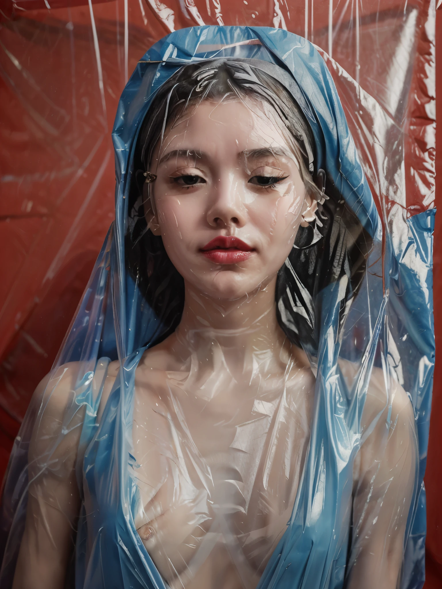 (Full body) in_ plastic ,bound arms,shibari,from bihind, (Japanese girl, 19, tall, 165, 32, 20 33, golden proportions, white skin, blonde hair) (Wear a translucent latex dress) (((She sat in jail in a clear blue plastic bag, her face wrapped in plastic, red lipstick, her body wrapped in plastic, her legs wrapped in plastic, there was sweat on her face, there were a lot of water droplets on her face, there were reflective folds of plastic bags on her nose, mouth, cheeks, eyes and head, suffocating, pin-shut. IT ))) Best quality Perfect lighting Cinematic lighting (sharp focus: 1.2) HDR Beauty Very detailed details, reflected light from plastic. She lies on her back on a transparent latex bed in the bedroom. (( seen from head to toe)) front view 45 degrees