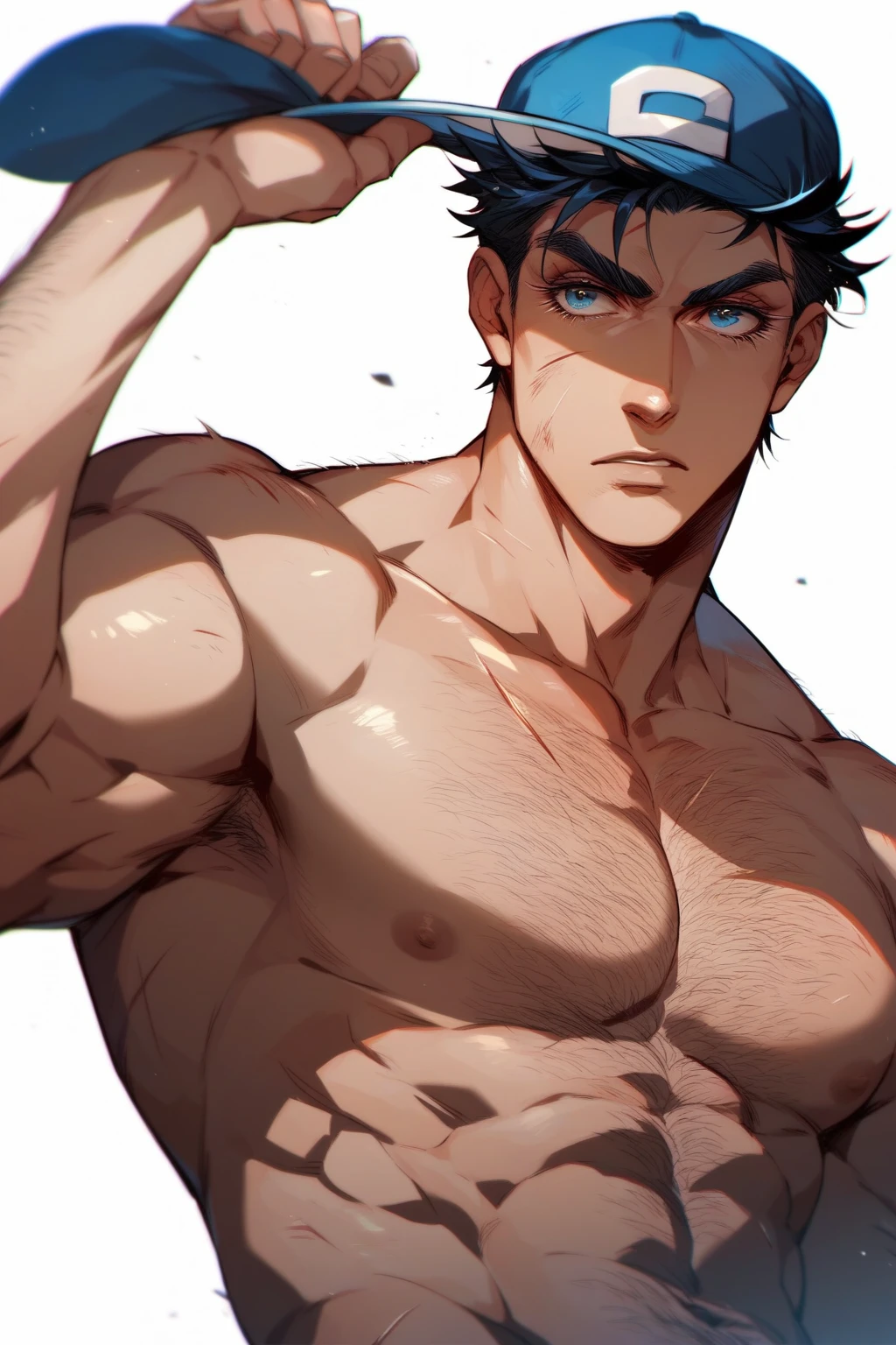 a beautiful boy, 14 years, very fine European features, Brown hair, blue eyes, sad look, peaceful look, naked,.strong chest, big nipples, pointy nipples, very masculine.